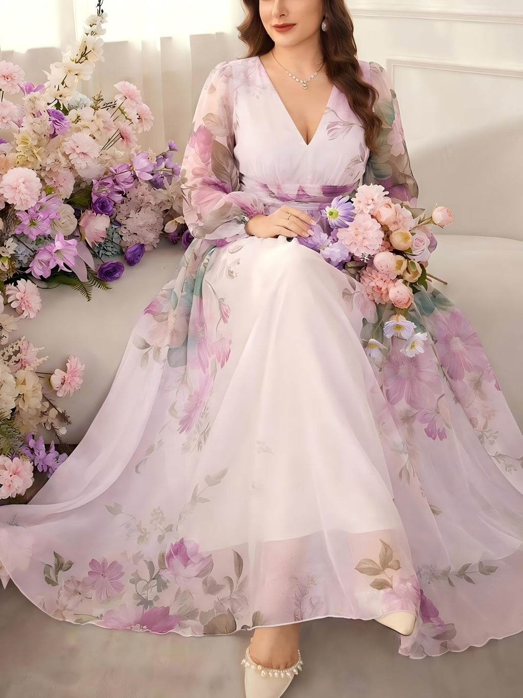 Robe longue grande taille — Mousseline lavis d'aquarelle