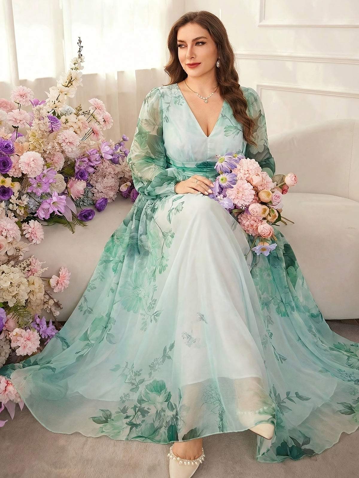Robe longue grande taille — Mousseline lavis d'aquarelle