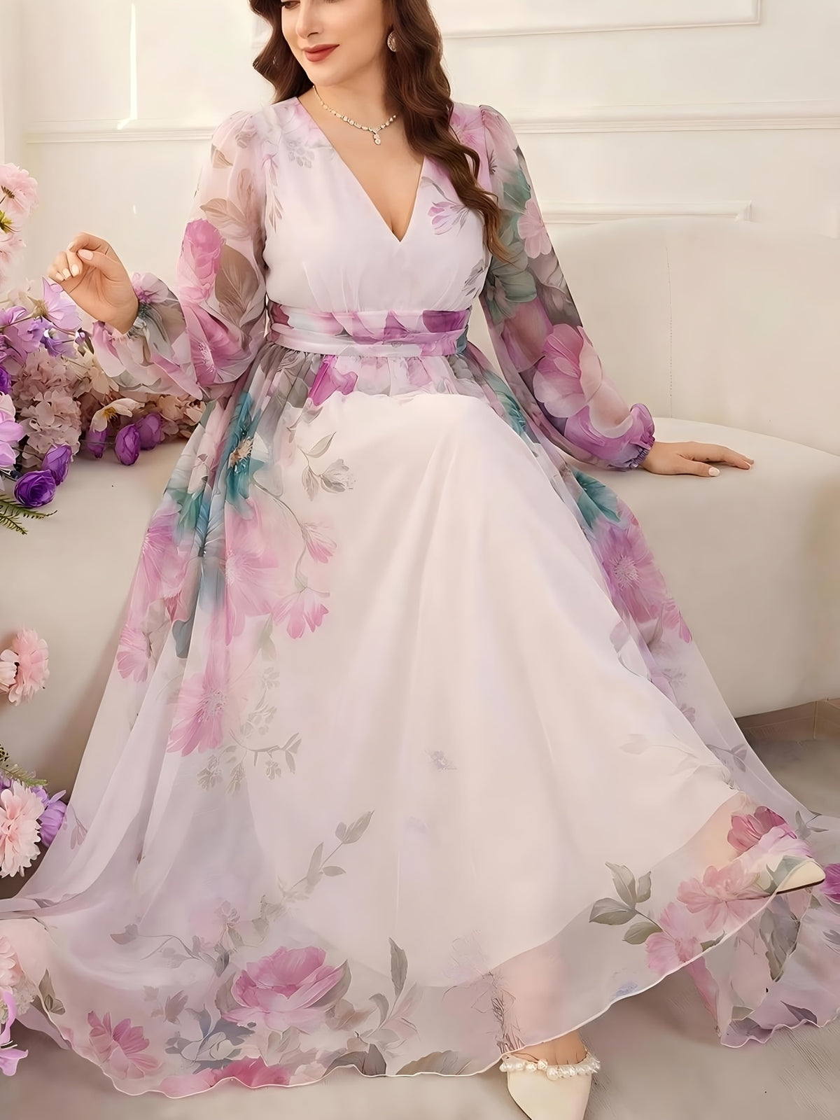 Robe longue grande taille — Mousseline lavis d'aquarelle