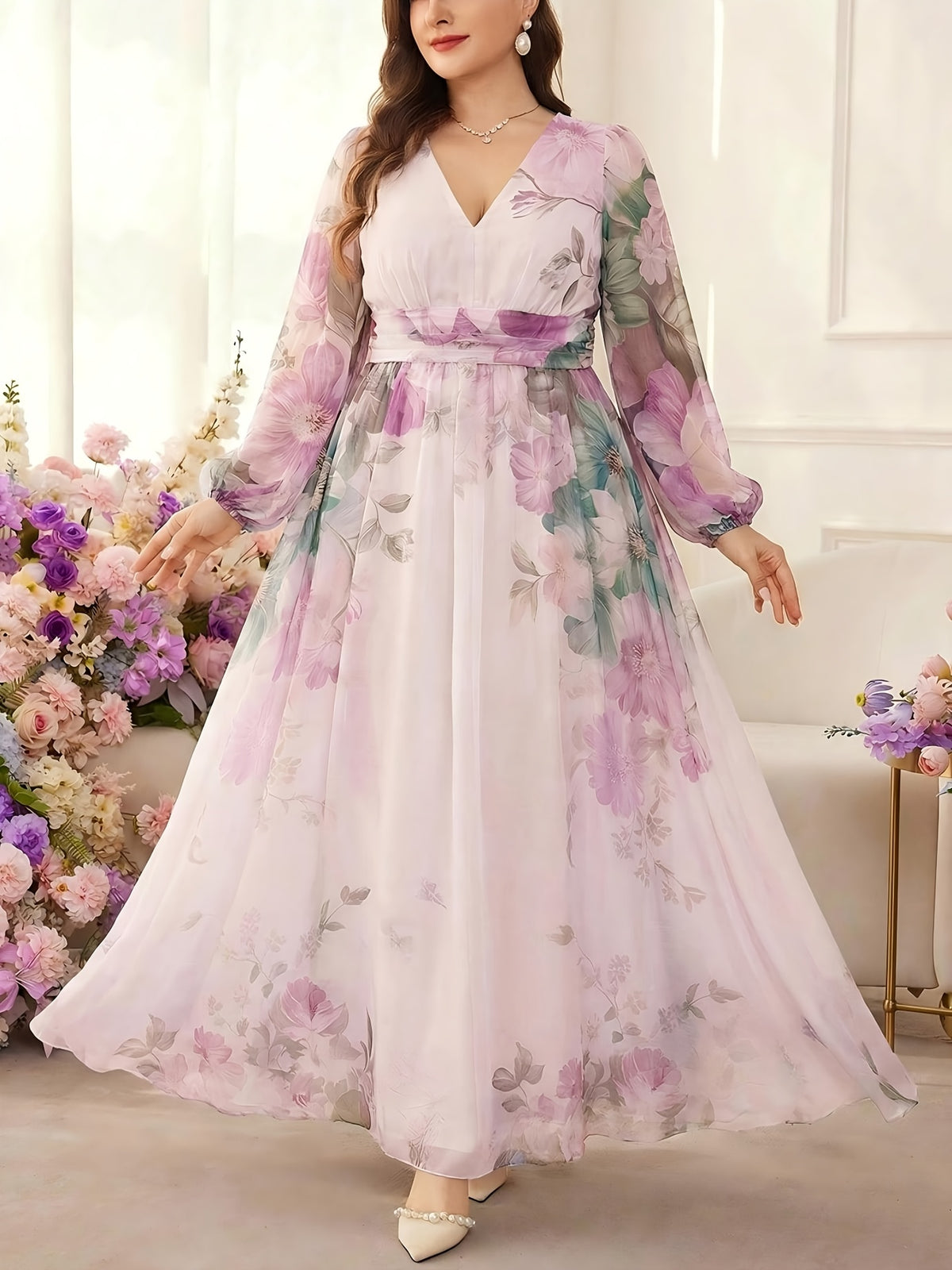 Robe longue grande taille — Mousseline lavis d'aquarelle