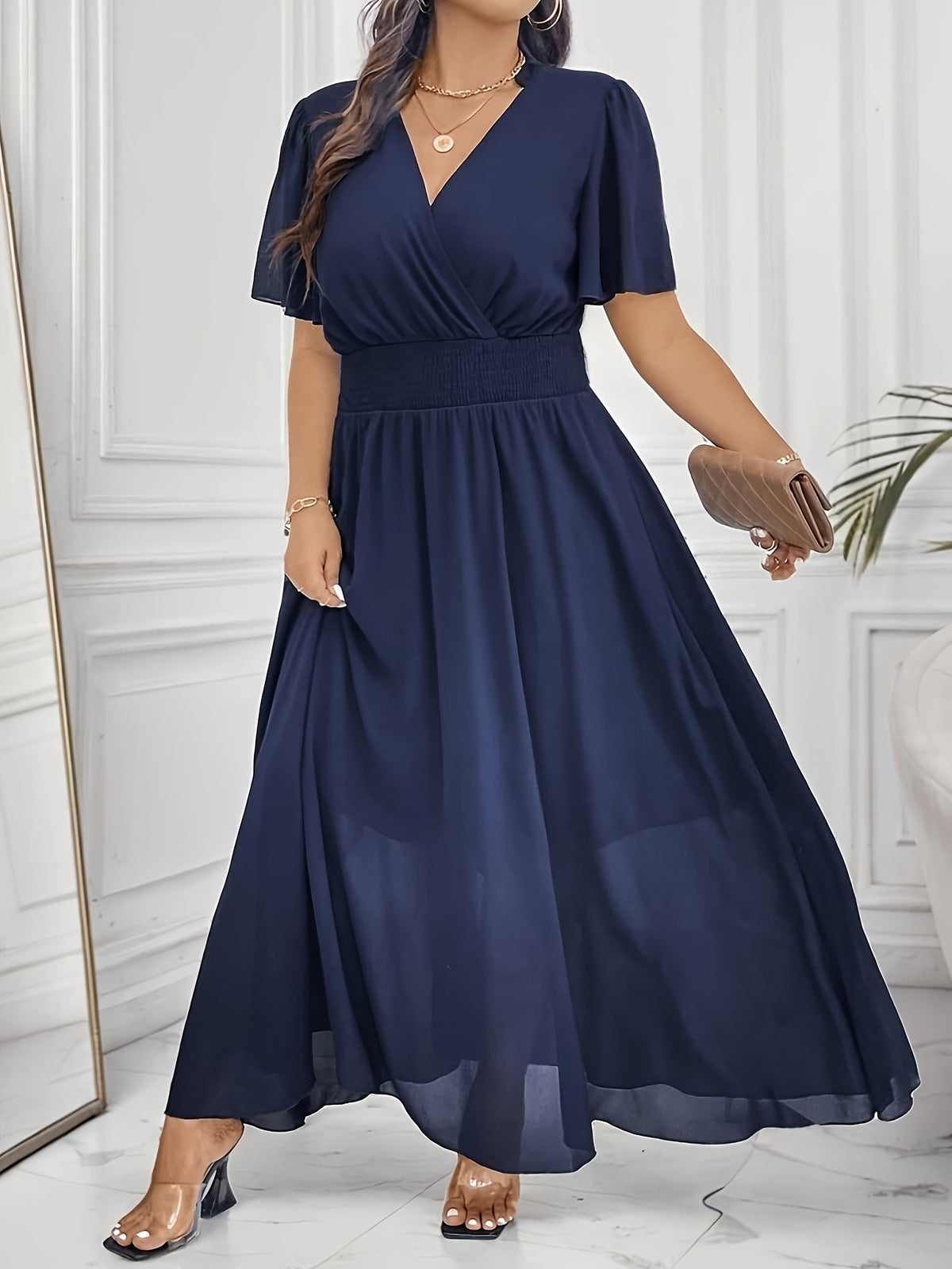 Robe longue grande taille — Mousseline marine et haut croisé