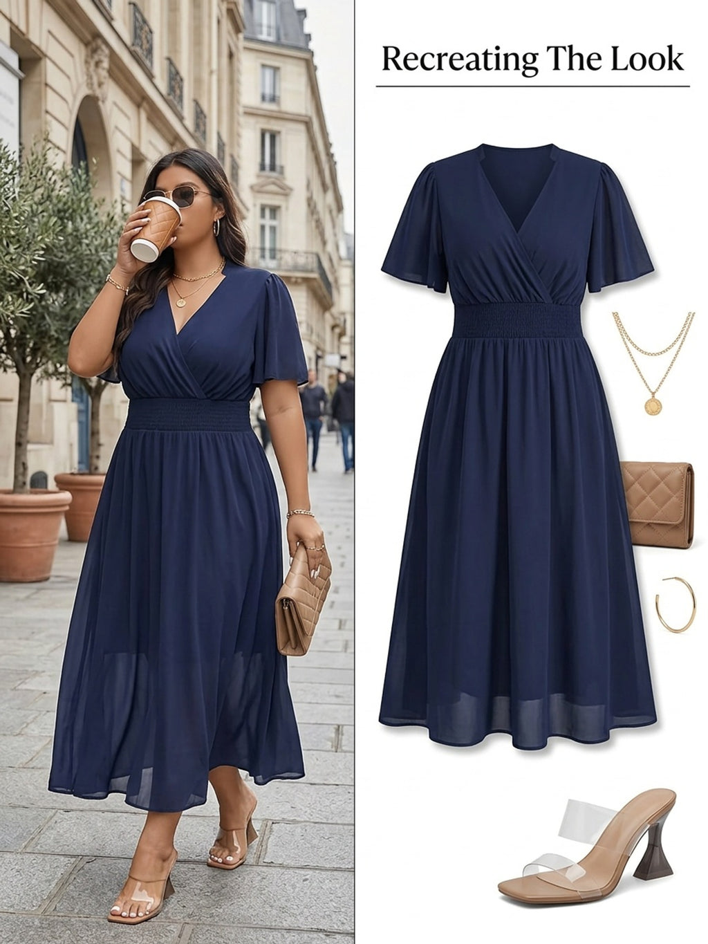 Robe longue grande taille — Mousseline marine et haut croisé