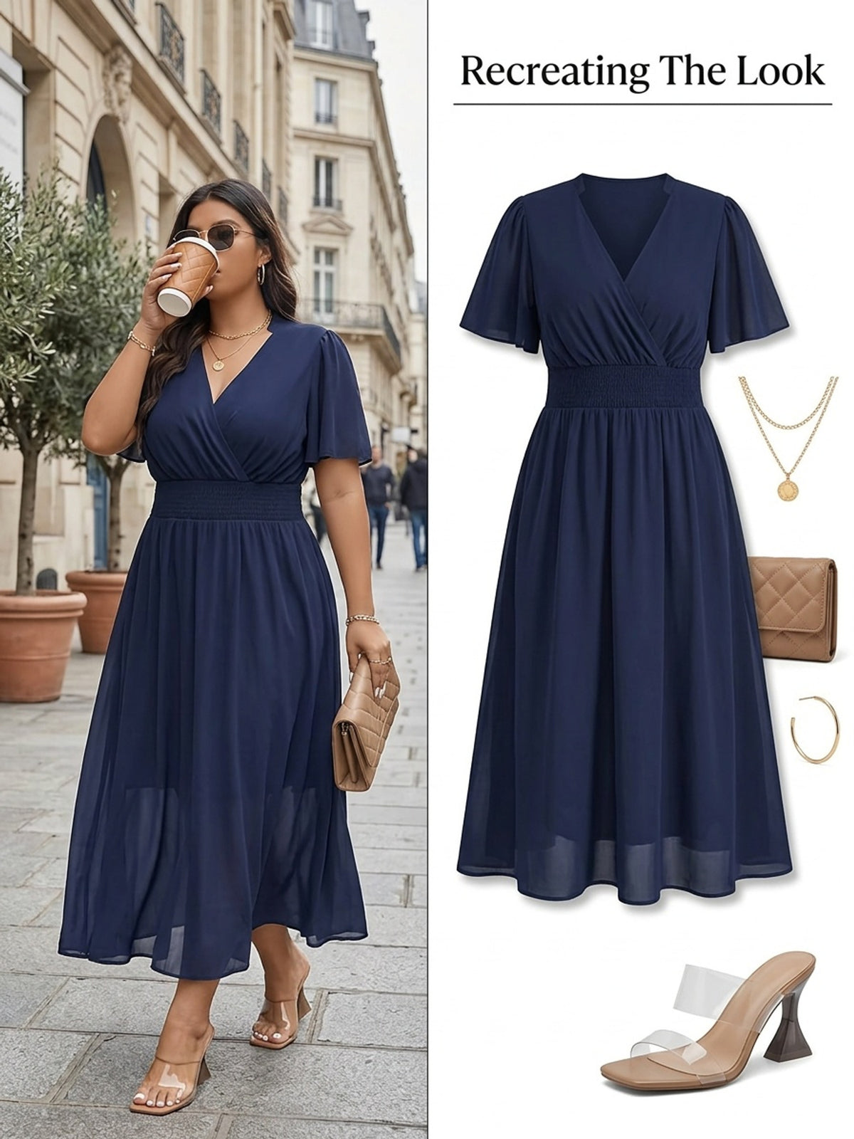 Robe longue grande taille — Mousseline marine et haut croisé