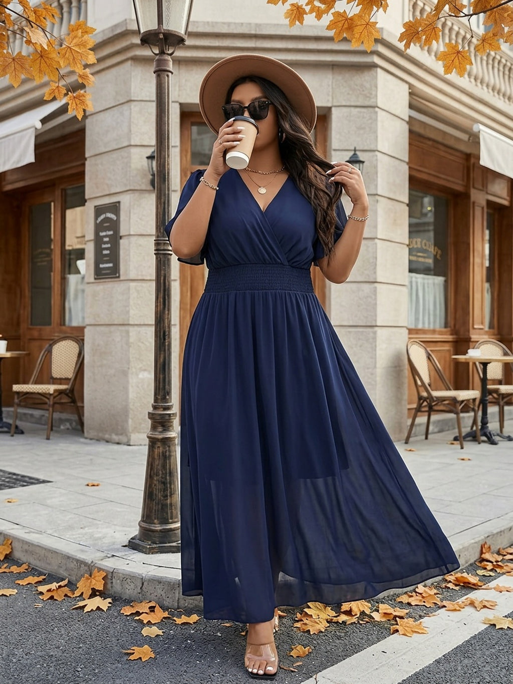 Robe longue grande taille — Mousseline marine et haut croisé