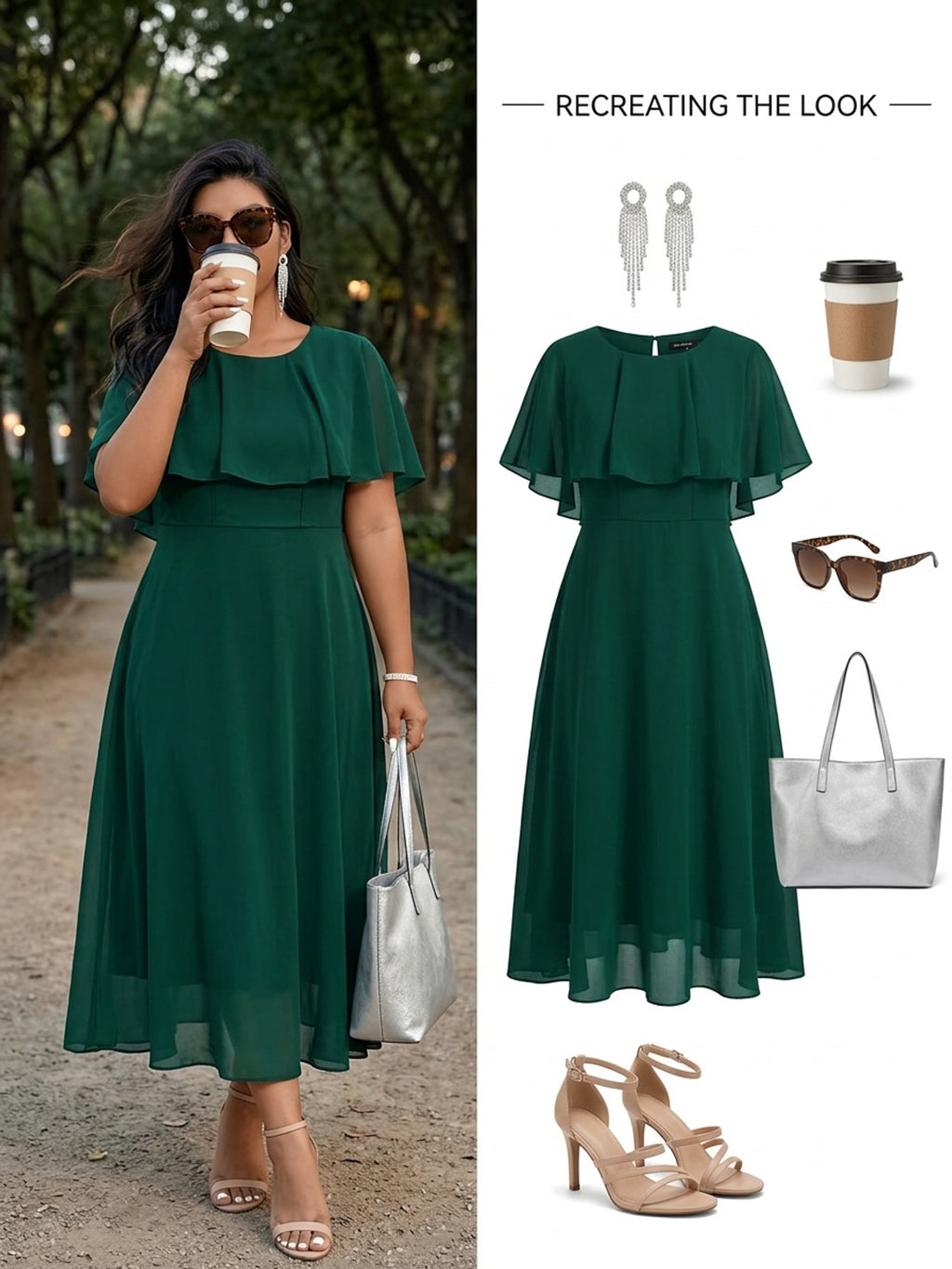 Robe longue grande taille — Mousseline verte à manche cape