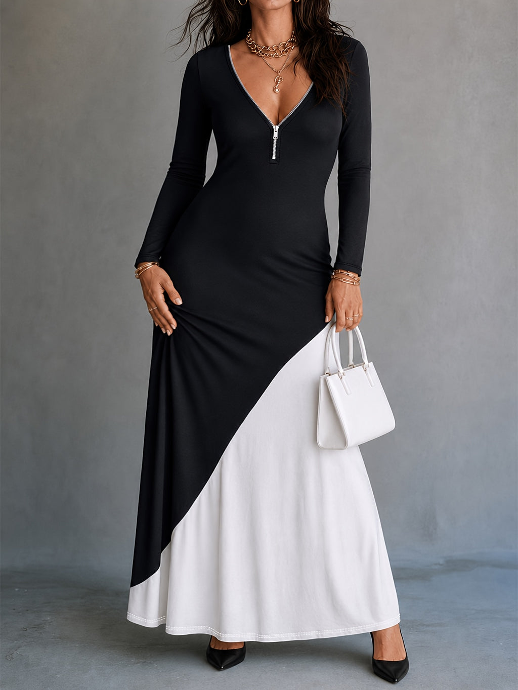 Robe longue grande taille — Col zippé et empiècement blanc