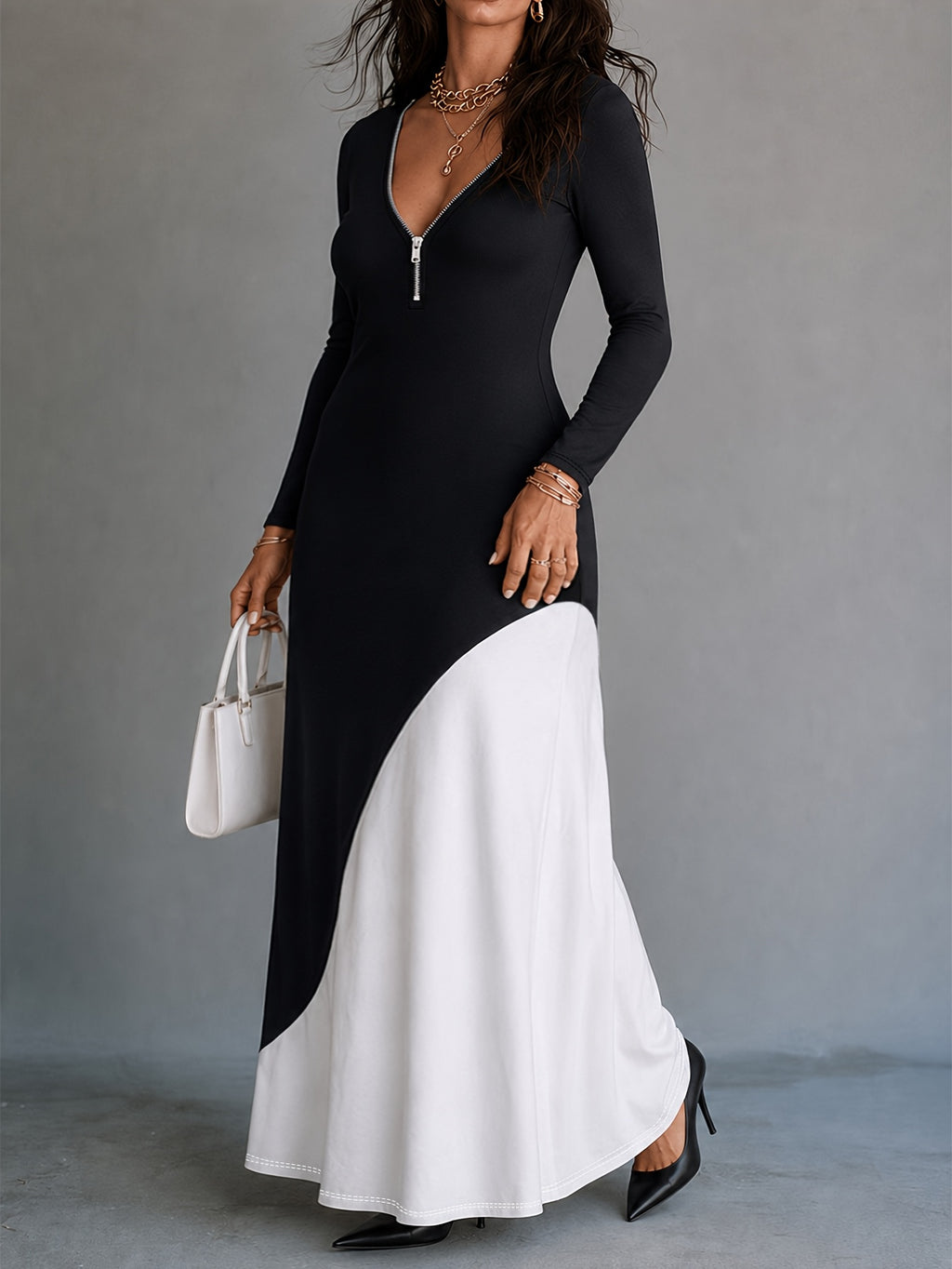 Robe longue grande taille — Col zippé et empiècement blanc