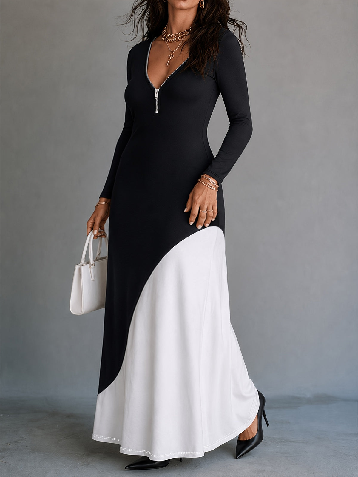 Robe longue grande taille — Col zippé et empiècement blanc