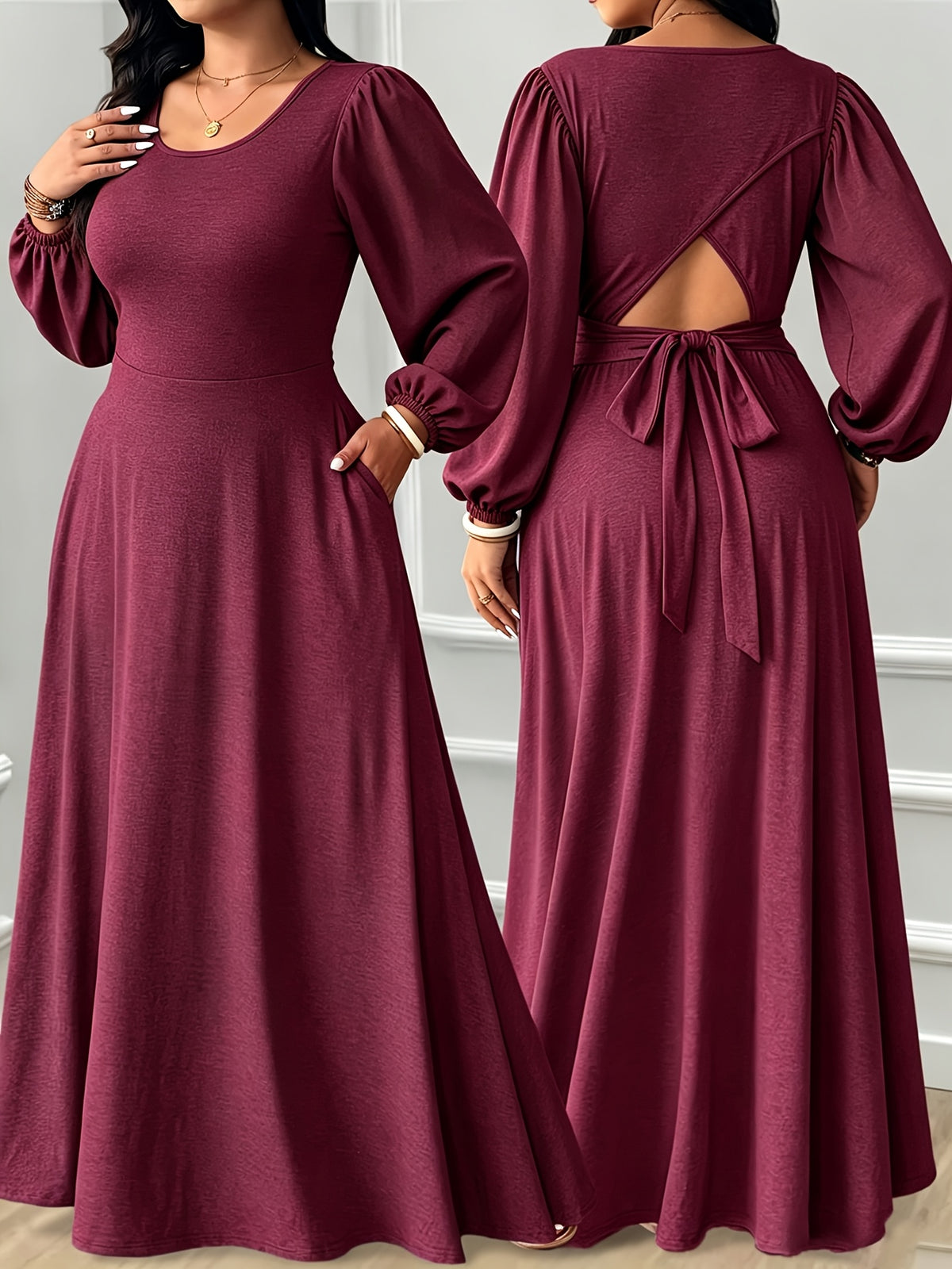 Robe longue grande taille — Noire à dos noué et découpe