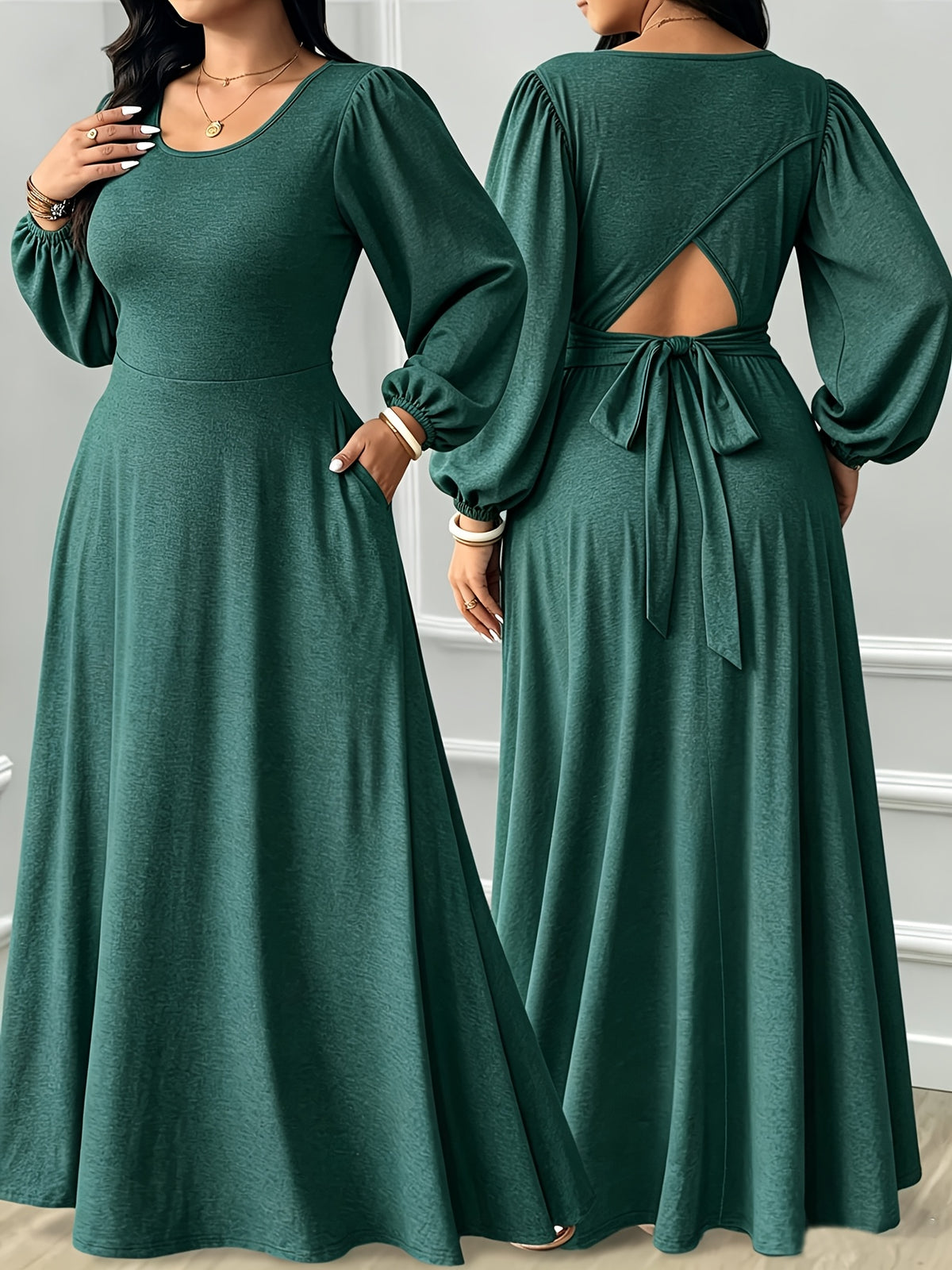 Robe longue grande taille — Noire à dos noué et découpe