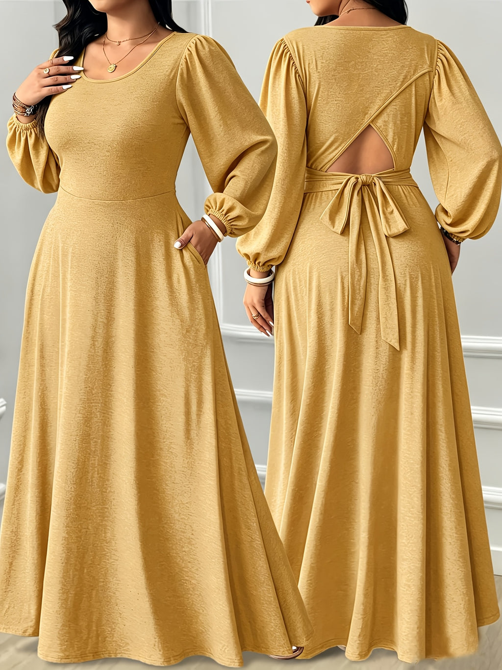 Robe longue grande taille — Noire à dos noué et découpe