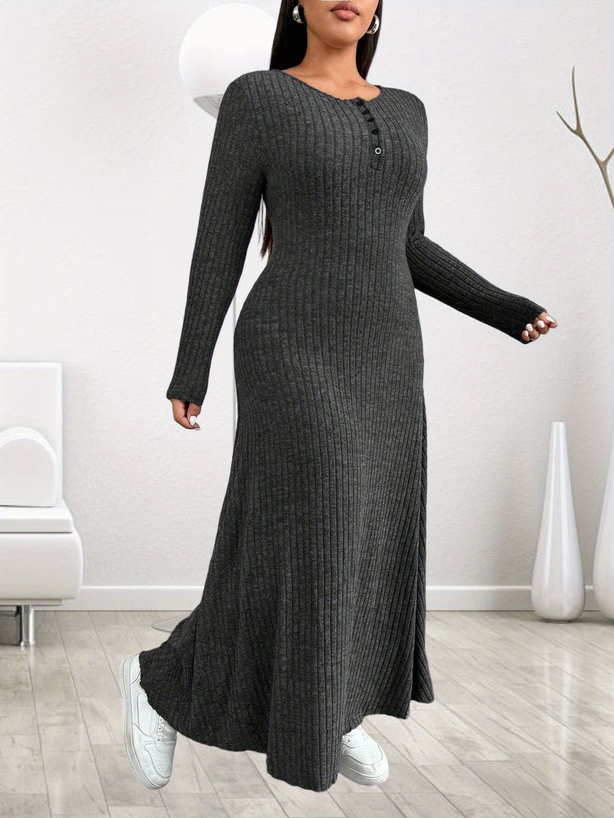 Robe longue grande taille — Patte boutonnée jusqu'au 6XL