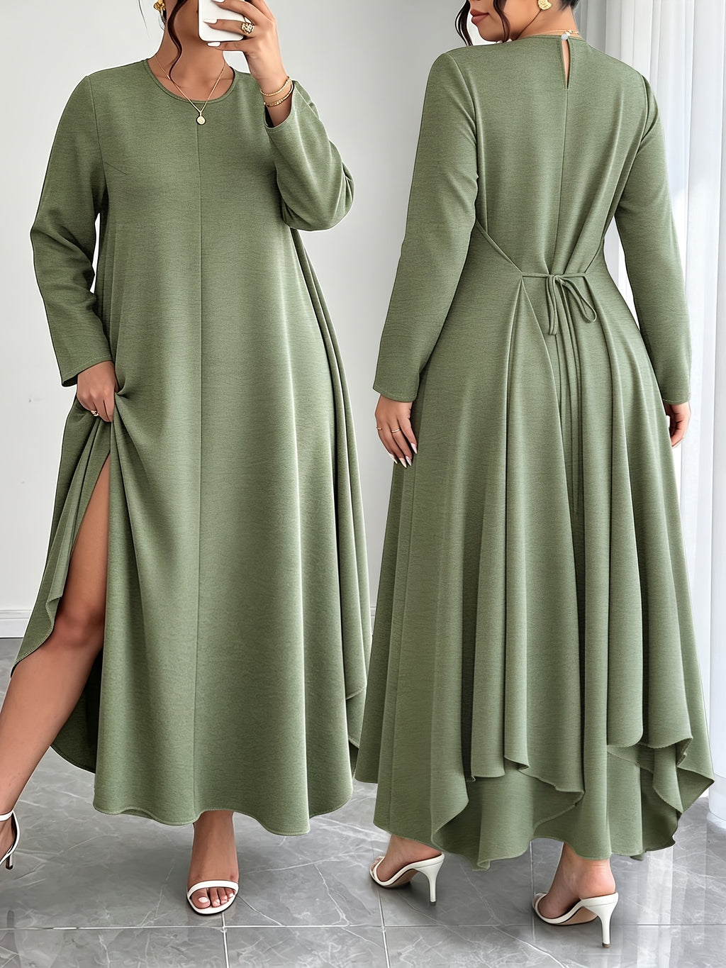 Robe longue grande taille — Ourlet asymétrique et dos noué