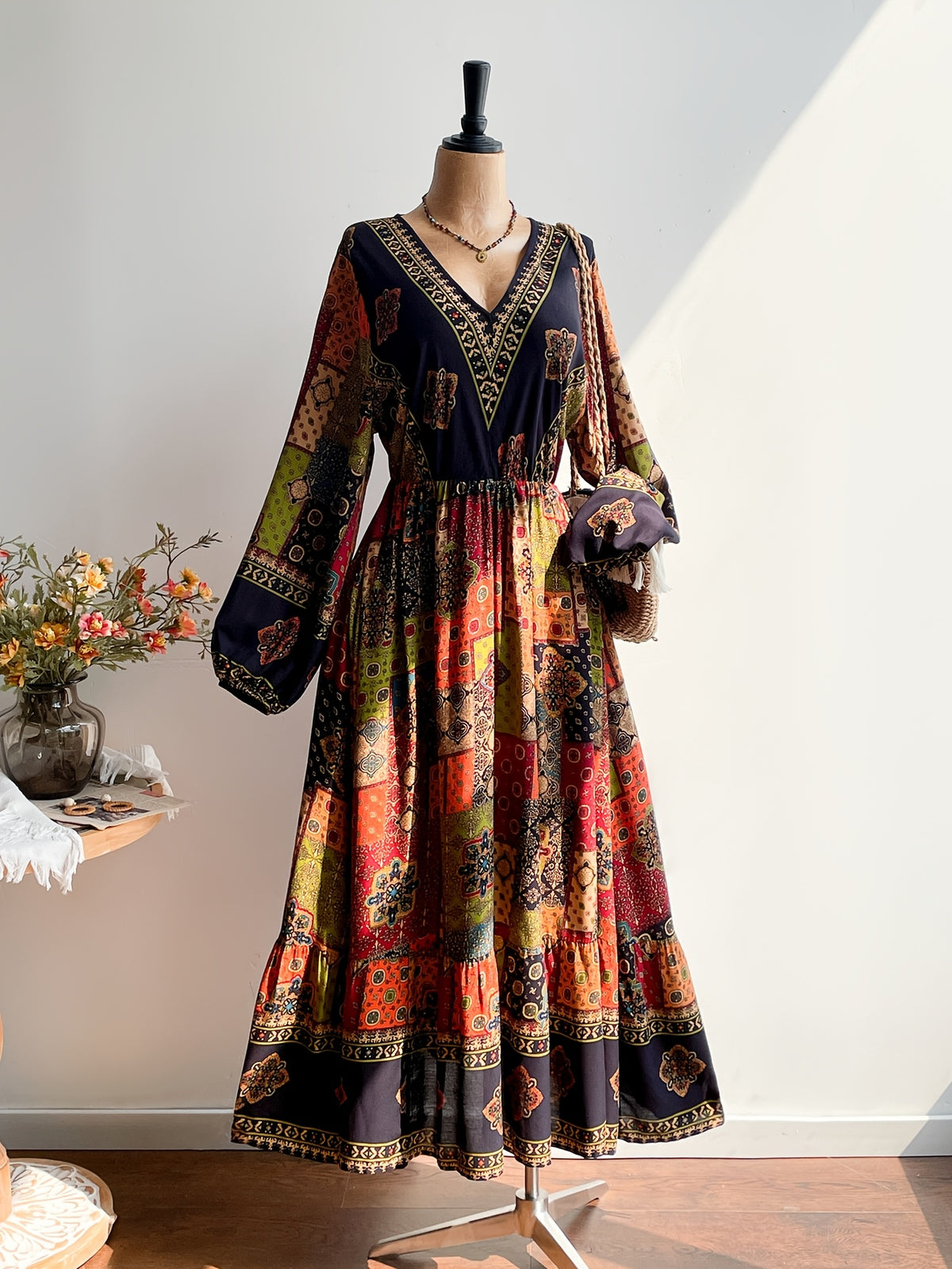 Robe longue grande taille — Patchwork et manches lanternes