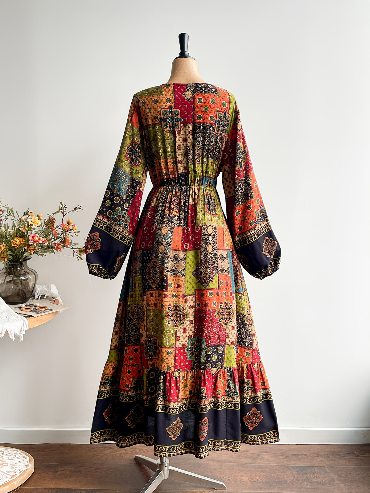 Robe longue grande taille — Patchwork et manches lanternes