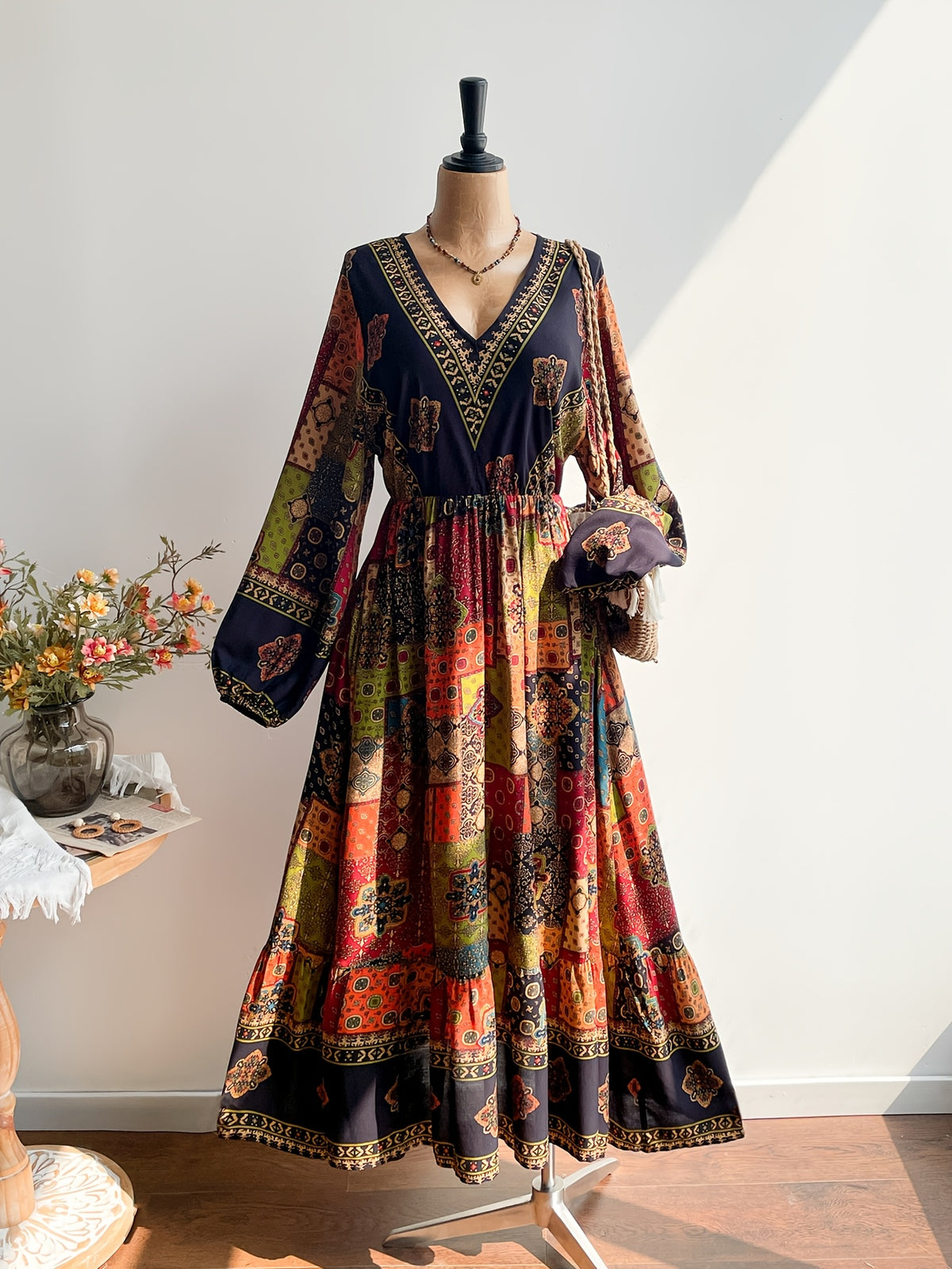 Robe longue grande taille — Patchwork et manches lanternes