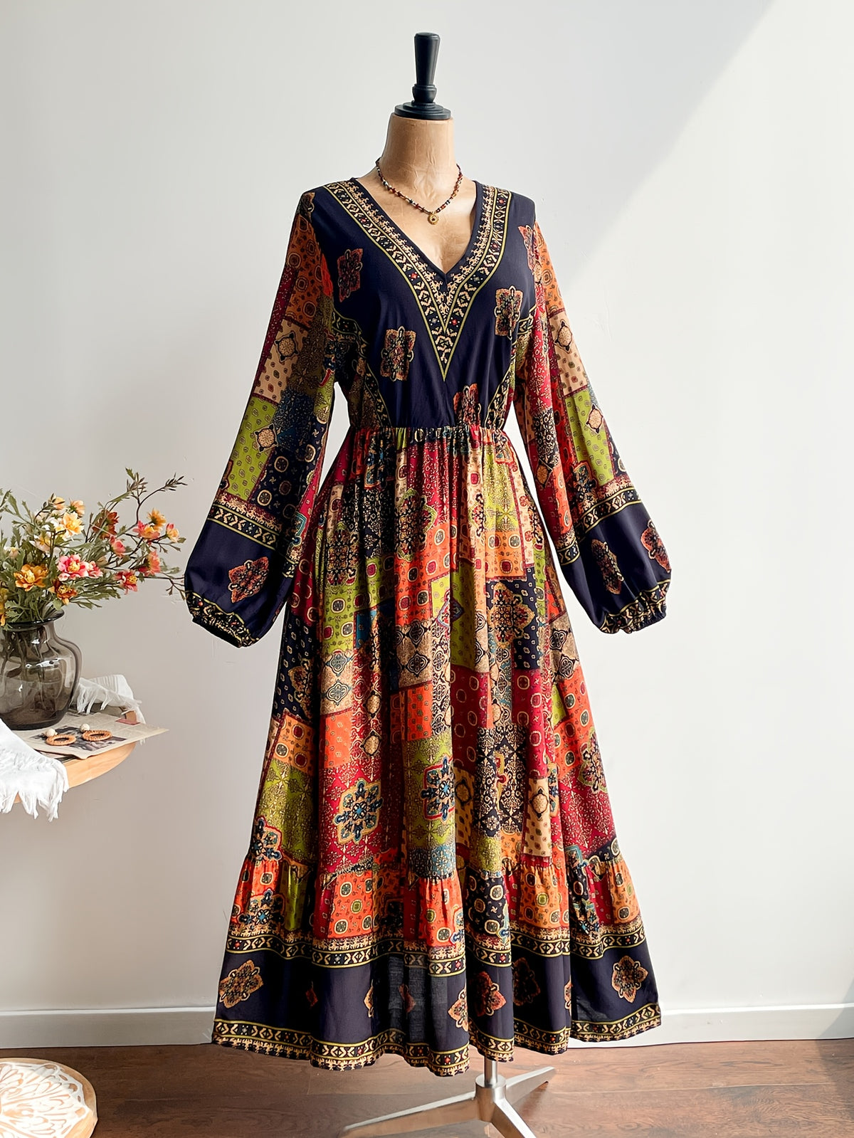 Robe longue grande taille — Patchwork et manches lanternes