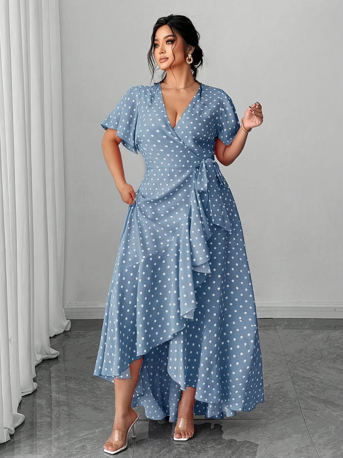 Robe longue grande taille, pois, volant en cascade