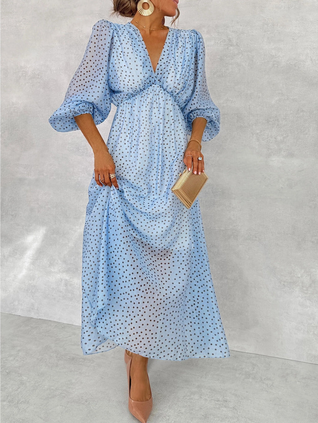 Robe longue grande taille — Ciel à pois, manches ballon