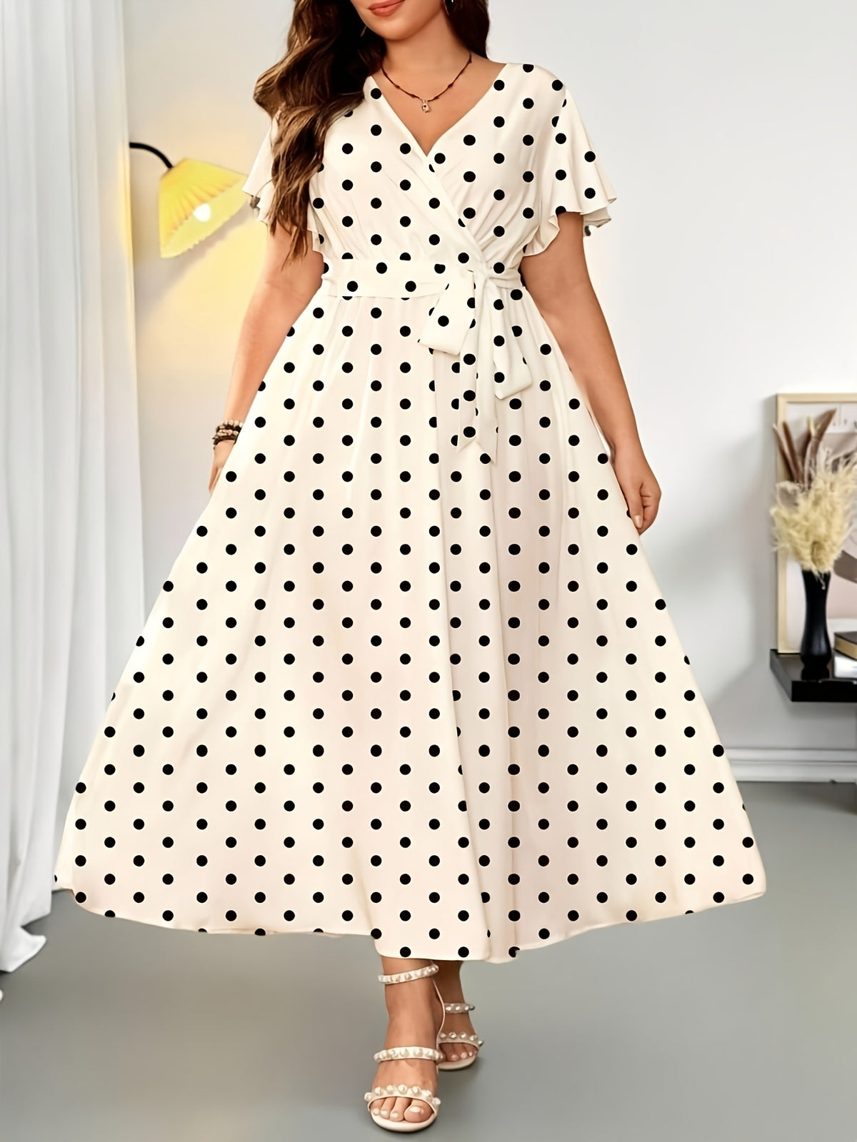 Robe longue grande taille — Crème à pois noirs, croisée