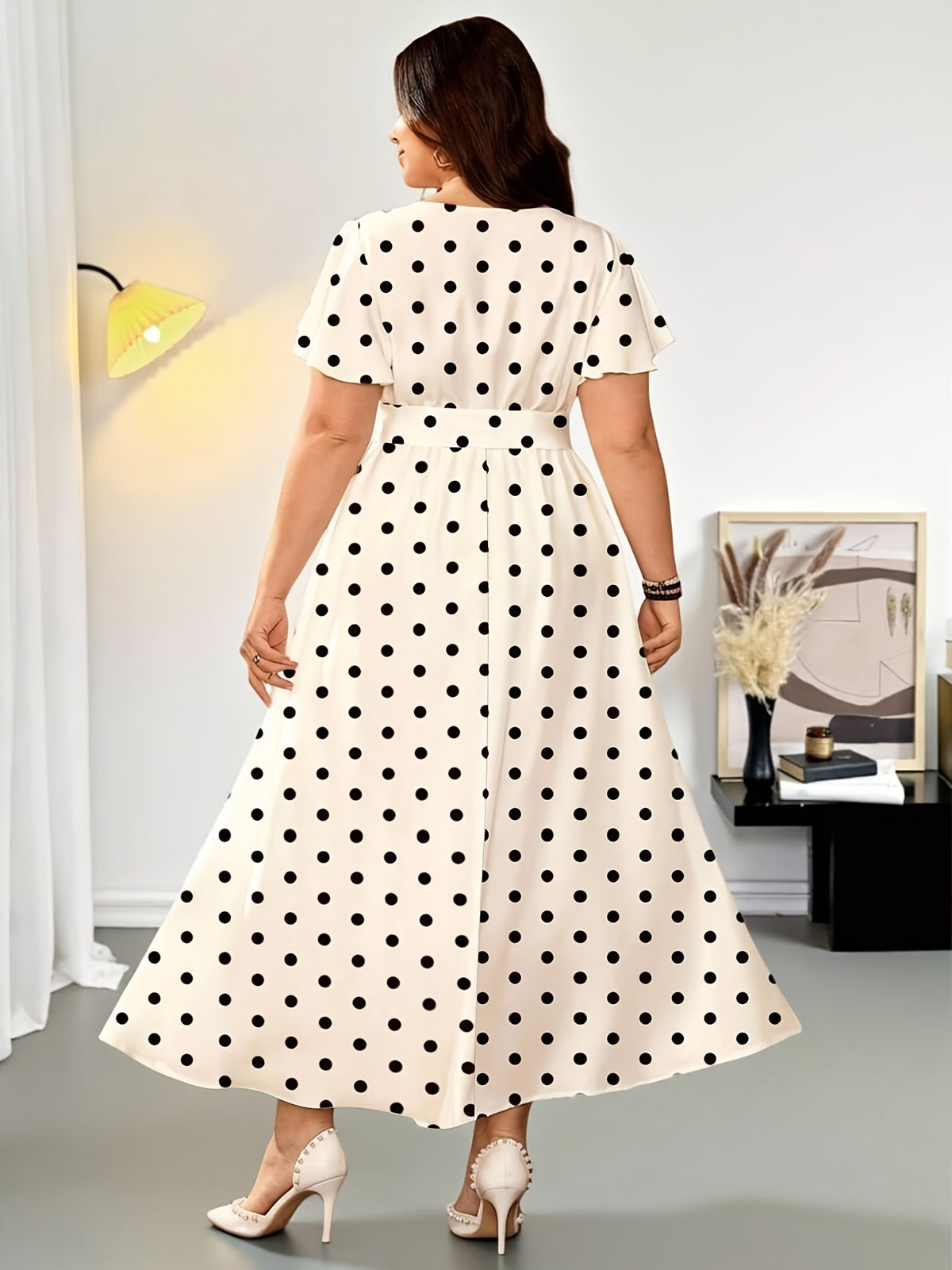Robe longue grande taille — Crème à pois noirs, croisée