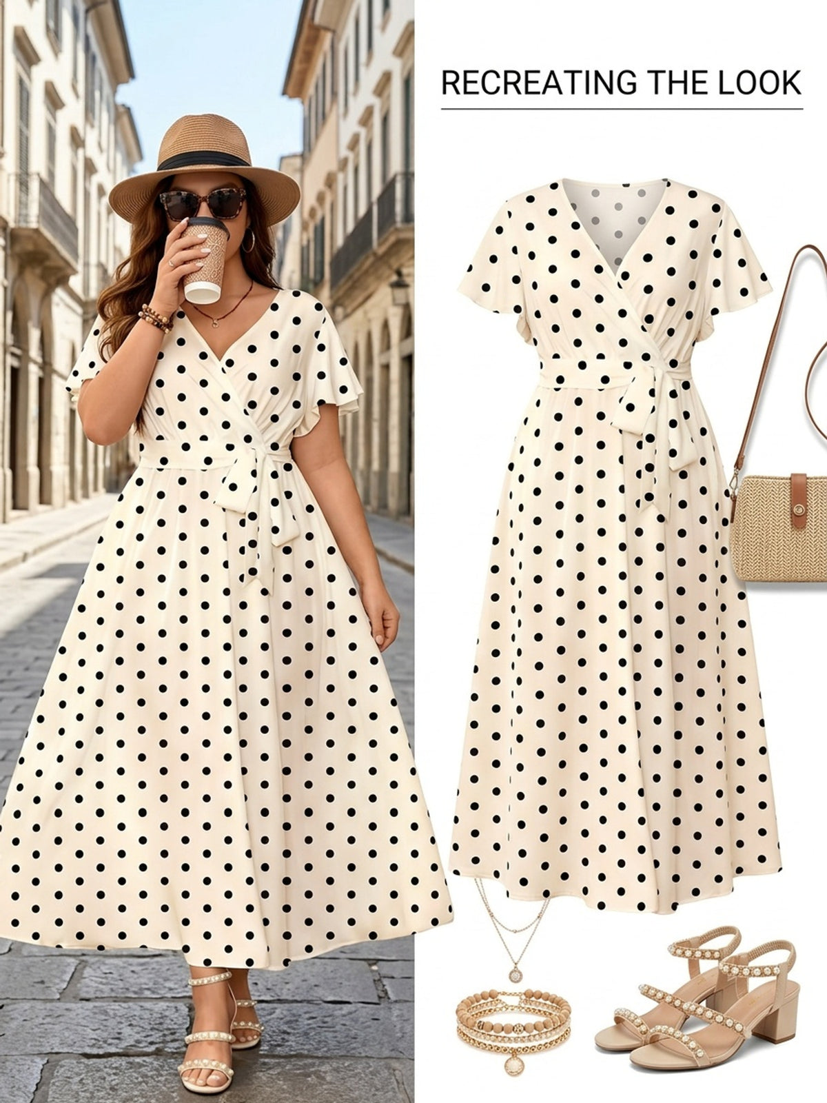 Robe longue grande taille — Crème à pois noirs, croisée