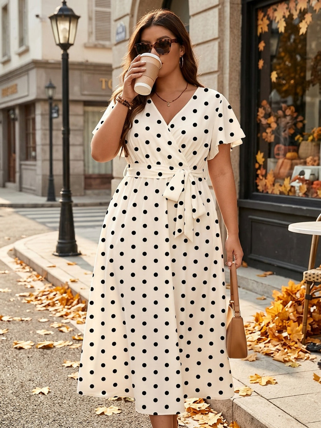Robe longue grande taille — Crème à pois noirs, croisée