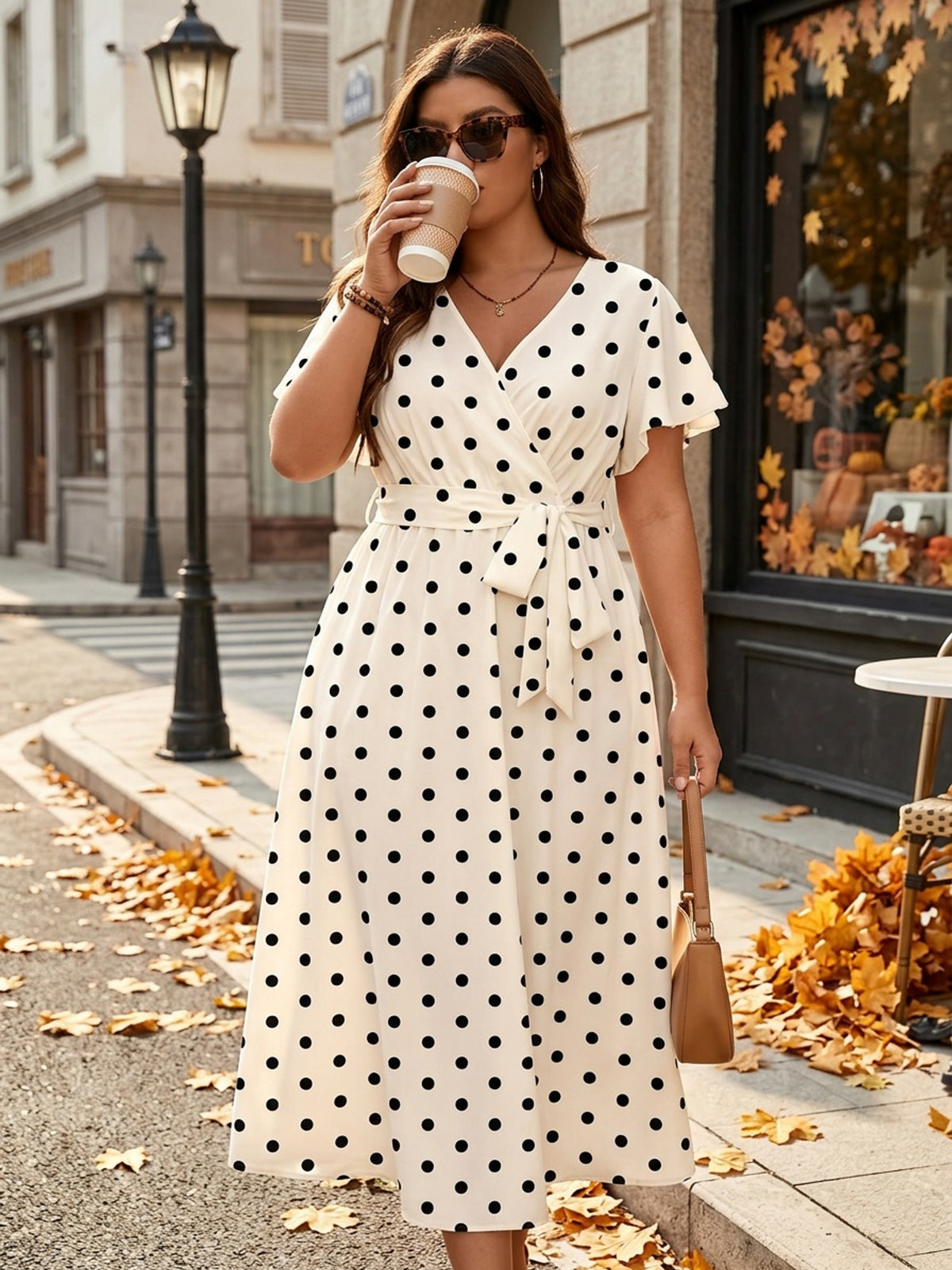 Robe longue grande taille — Crème à pois noirs, croisée