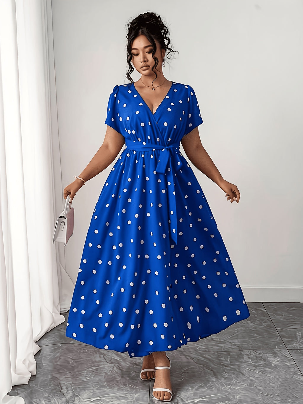 Robe longue grande taille — Pois sur moutarde, bleu, rouge