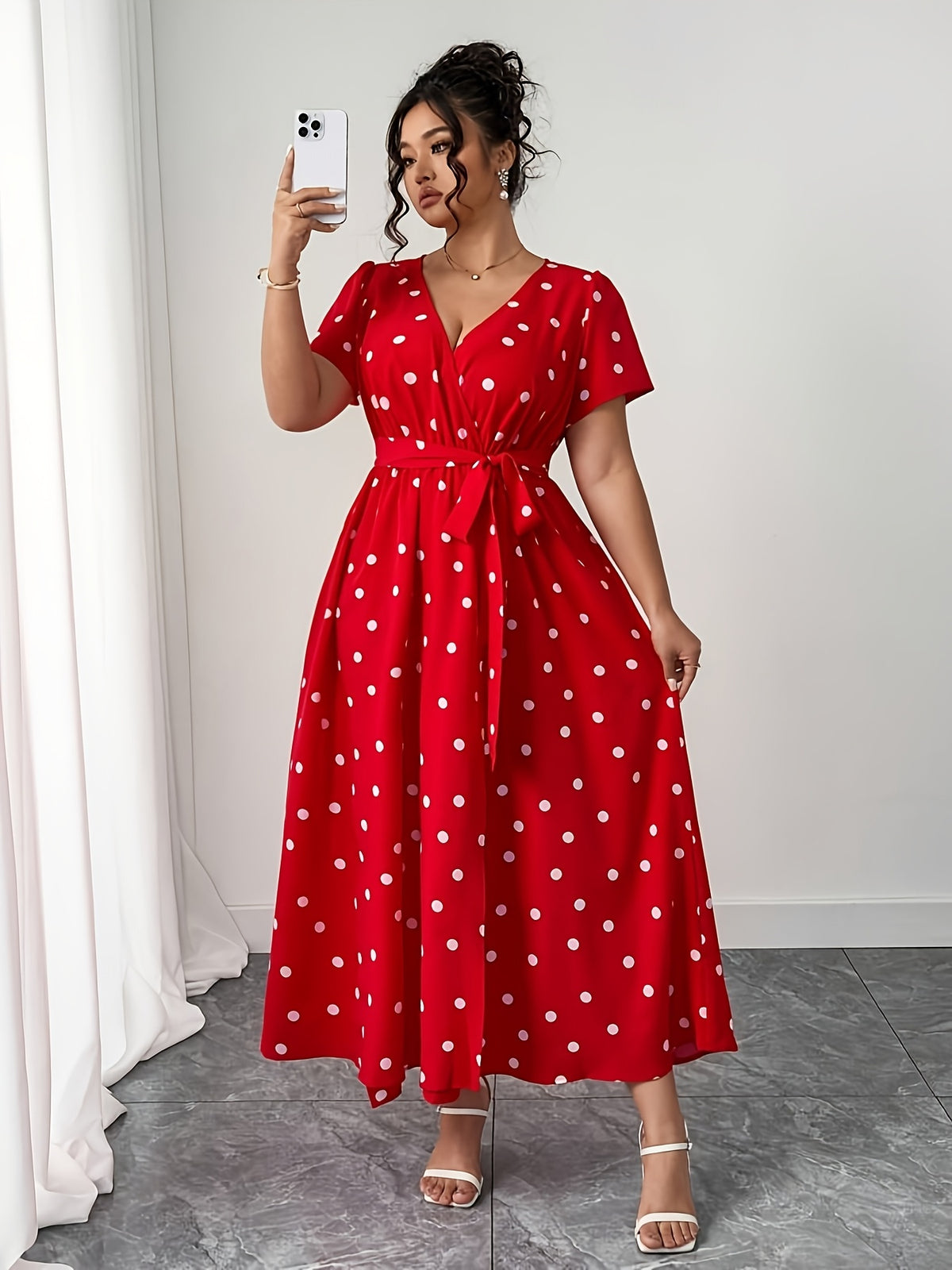 Robe longue grande taille — Pois sur moutarde, bleu, rouge