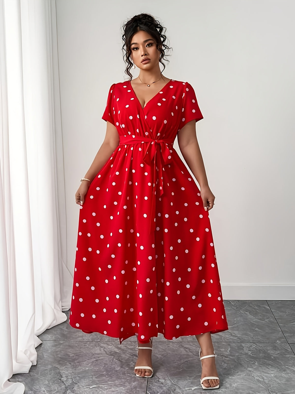 Robe longue grande taille — Pois sur moutarde, bleu, rouge