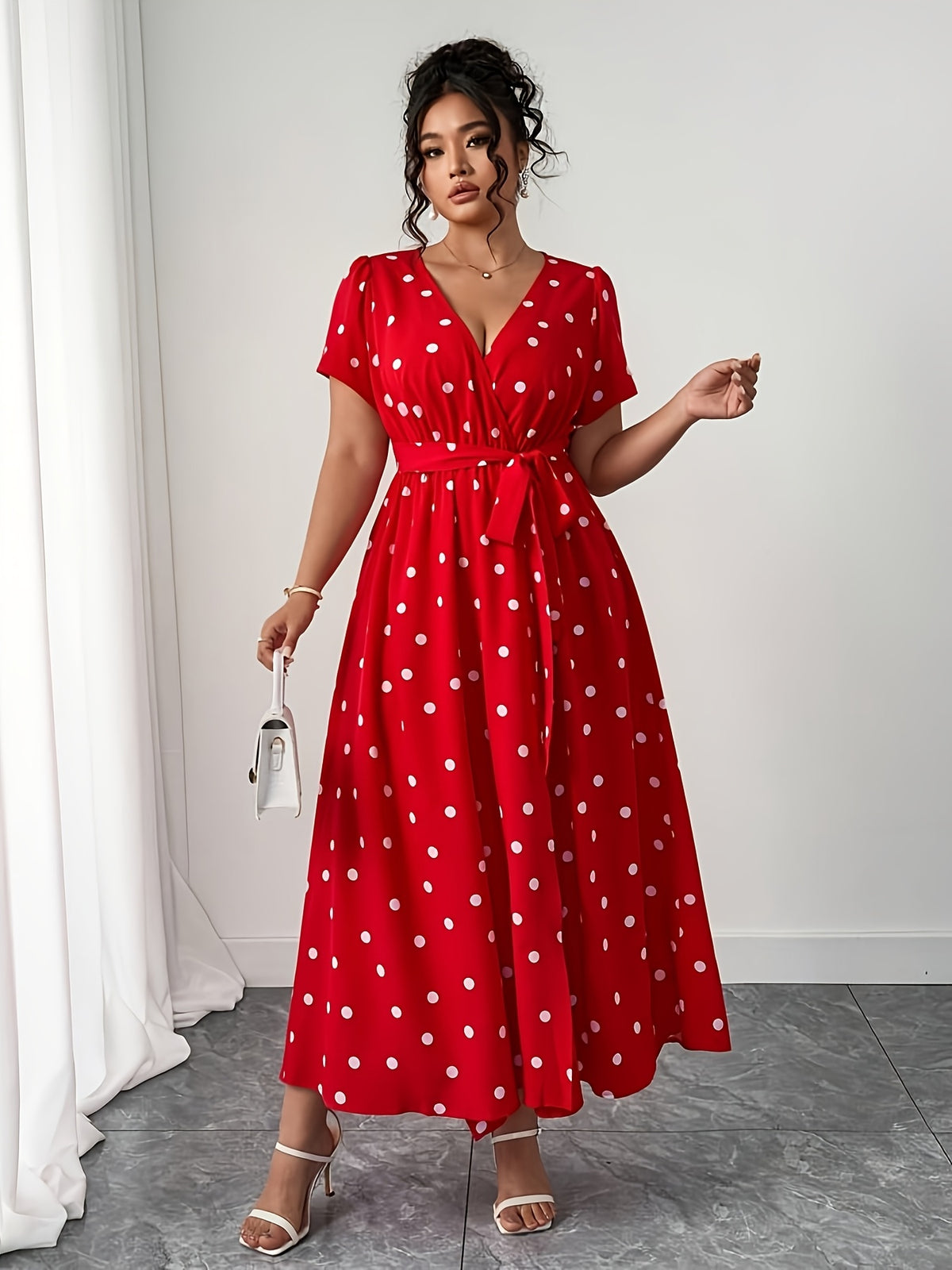 Robe longue grande taille — Pois sur moutarde, bleu, rouge