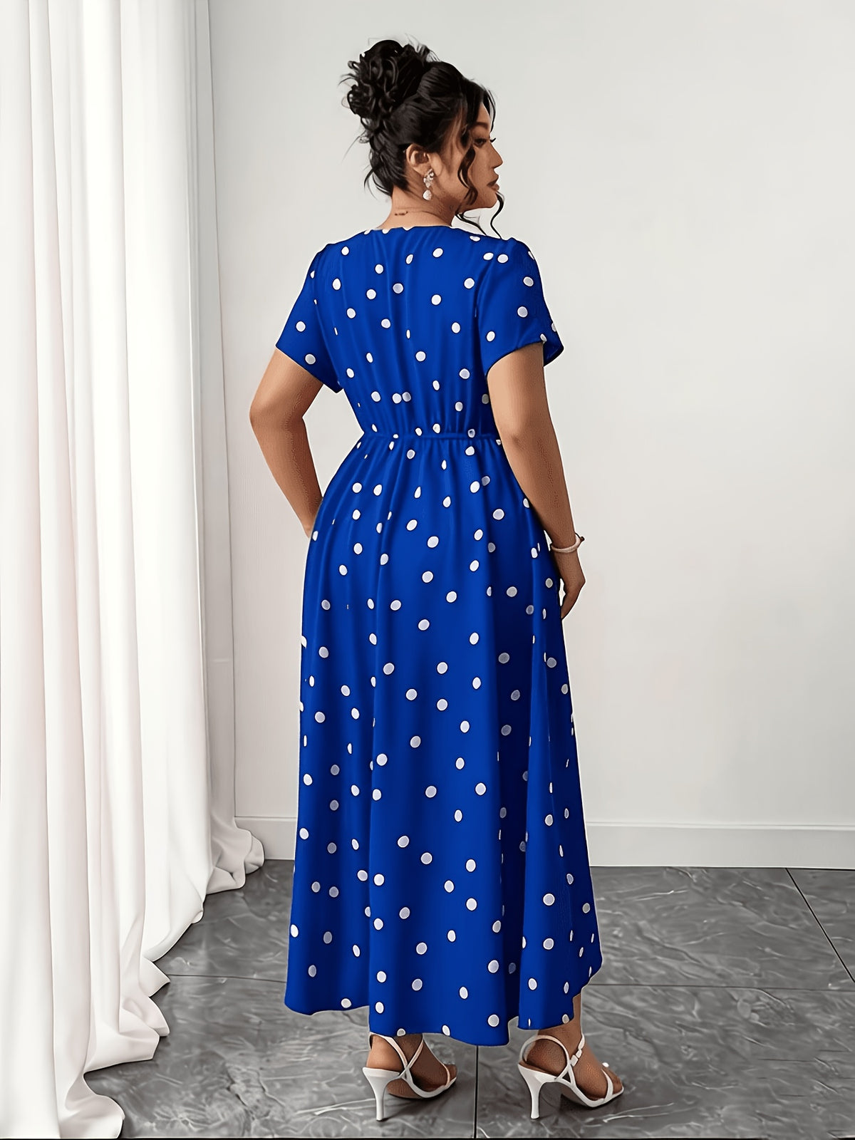 Robe longue grande taille — Pois sur moutarde, bleu, rouge