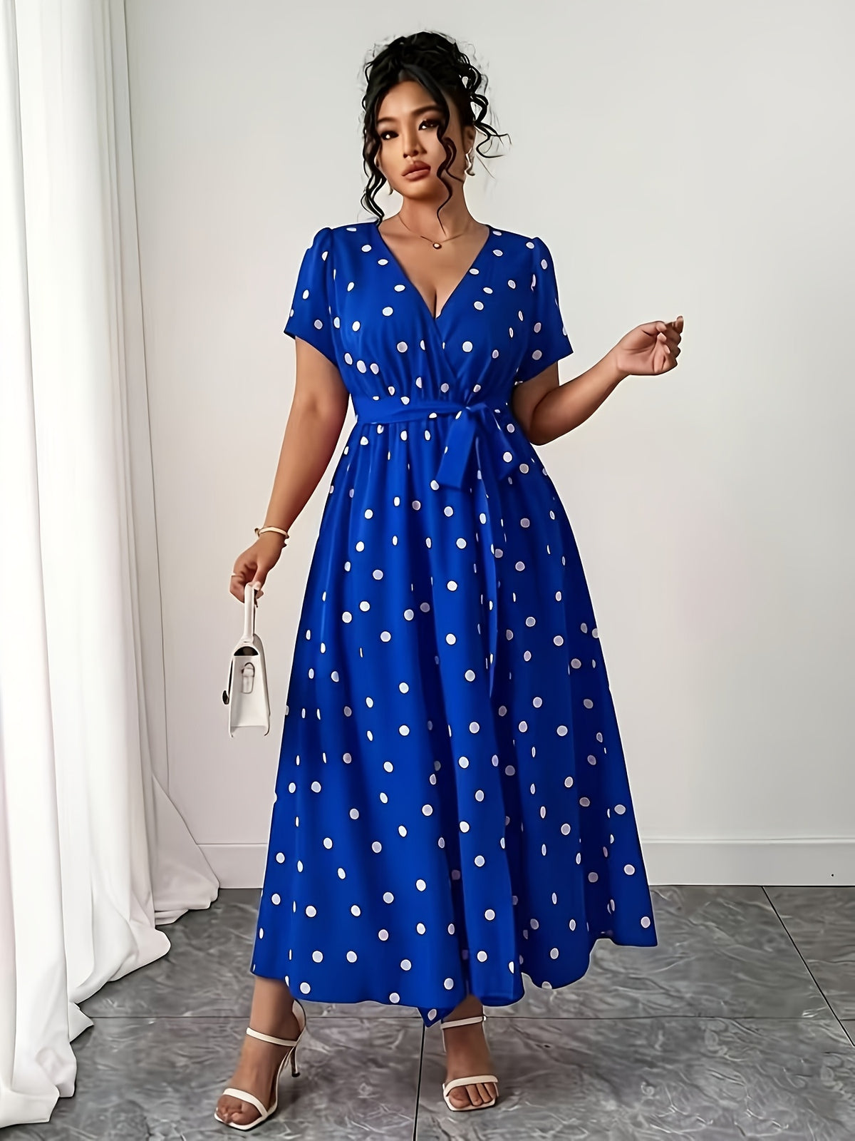 Robe longue grande taille — Pois sur moutarde, bleu, rouge