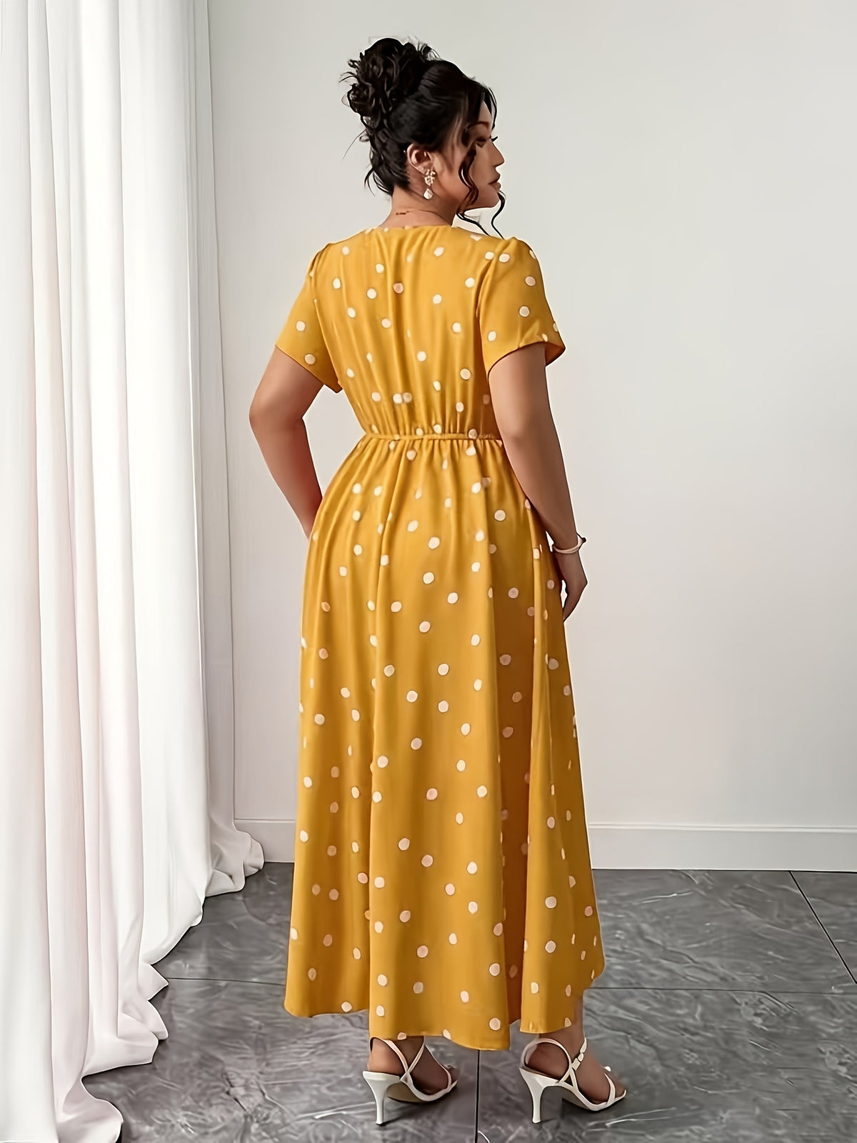 Robe longue grande taille — Pois sur moutarde, bleu, rouge