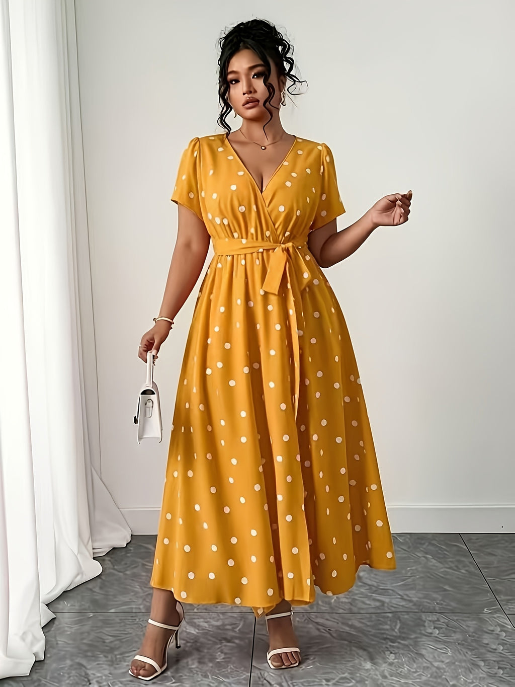 Robe longue grande taille — Pois sur moutarde, bleu, rouge