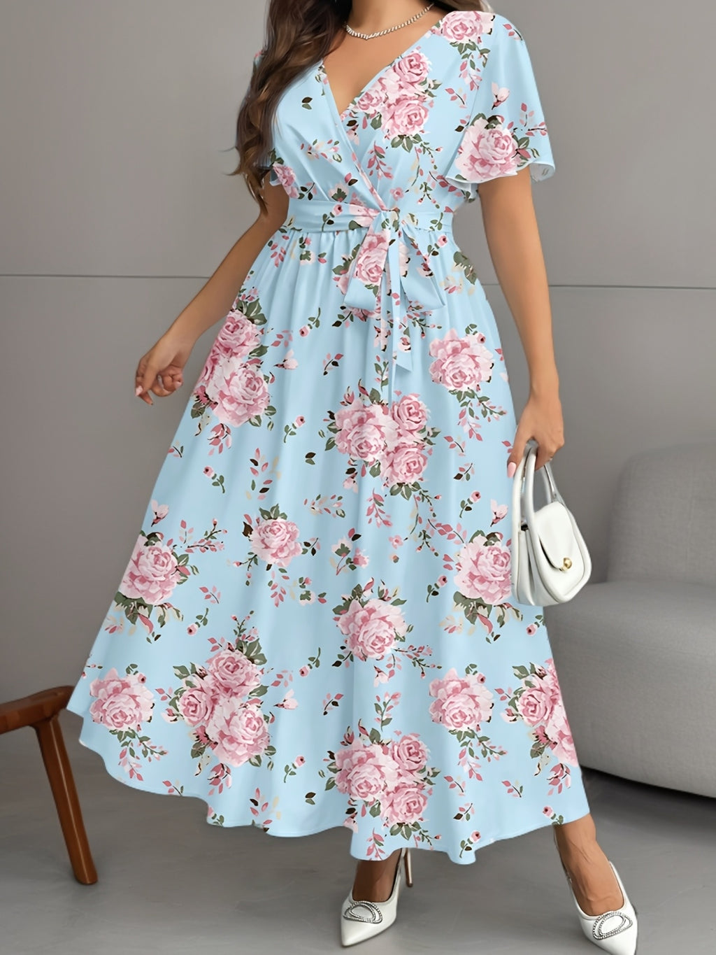 Robe longue grande taille — Portefeuille fleuri bleu ciel
