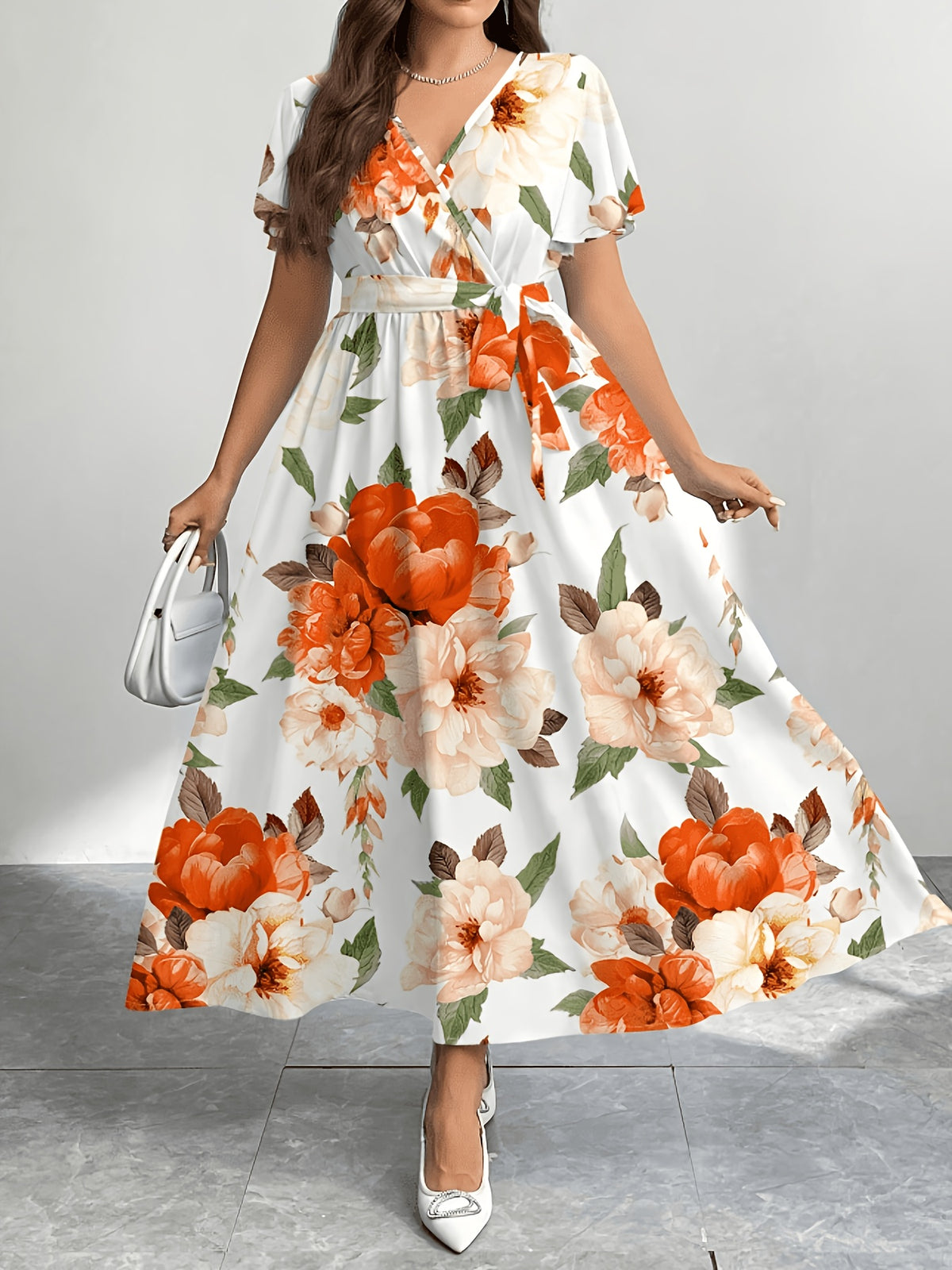 Robe longue grande taille — Portefeuille fleuri bleu ciel