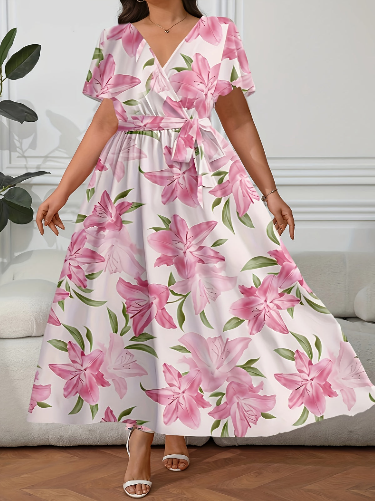 Robe longue grande taille — Portefeuille fleuri bleu ciel
