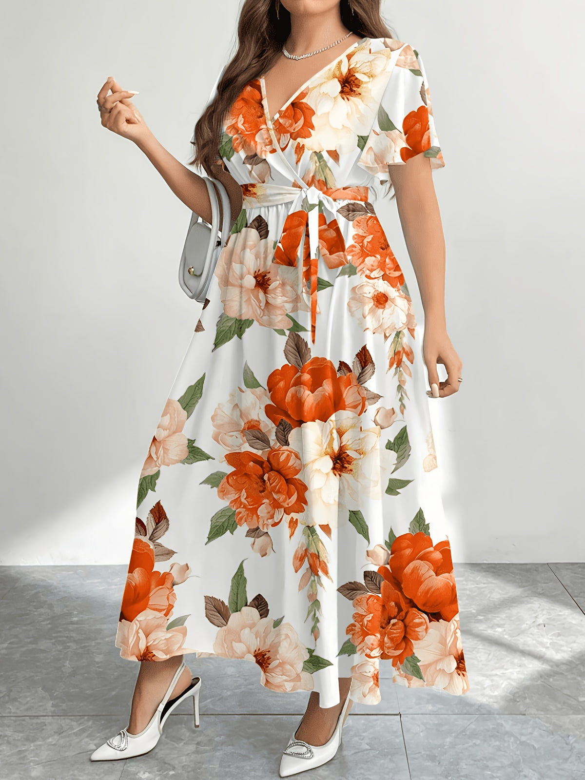 Robe longue grande taille — Portefeuille fleuri bleu ciel