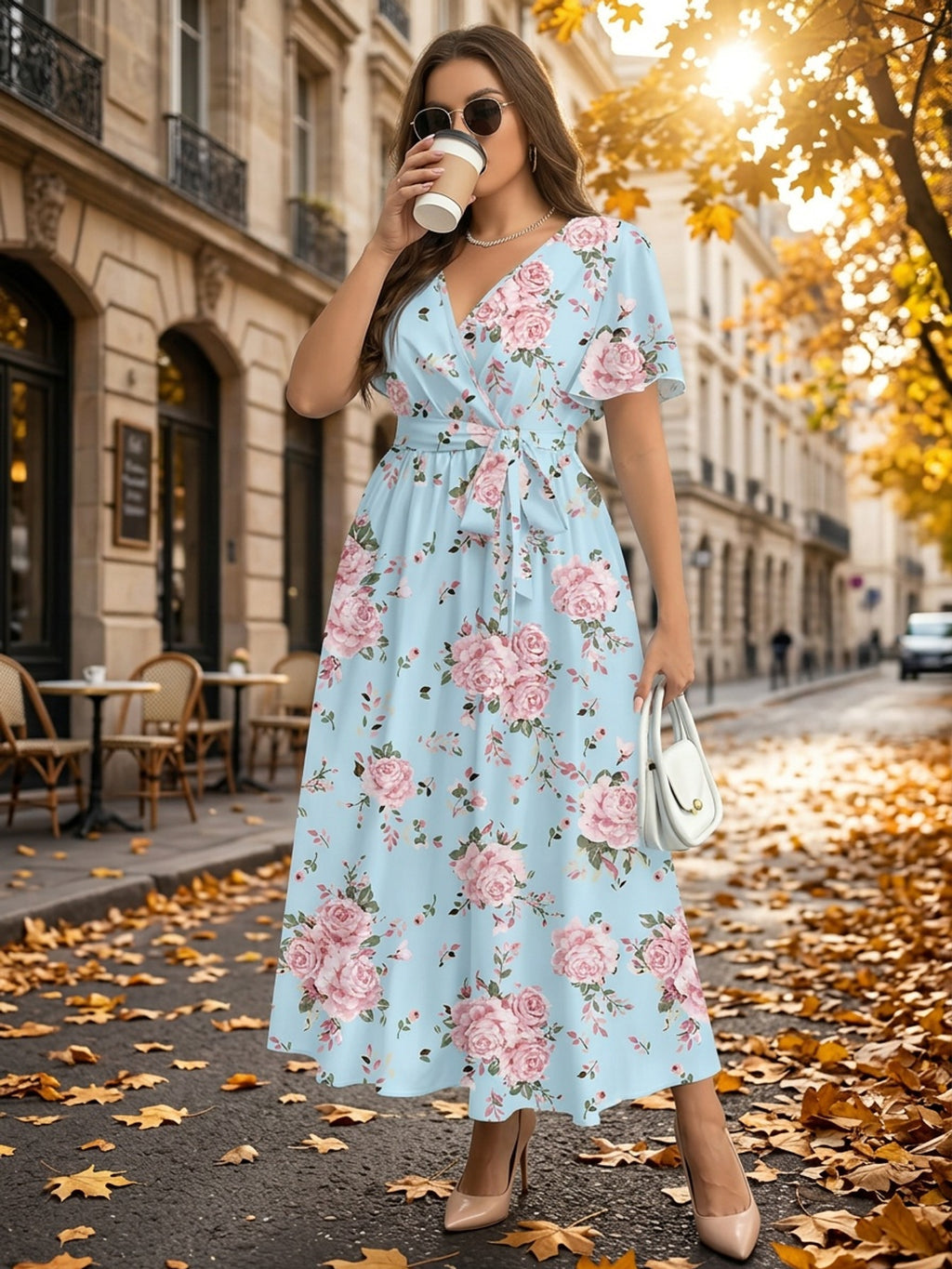 Robe longue grande taille — Portefeuille fleuri bleu ciel