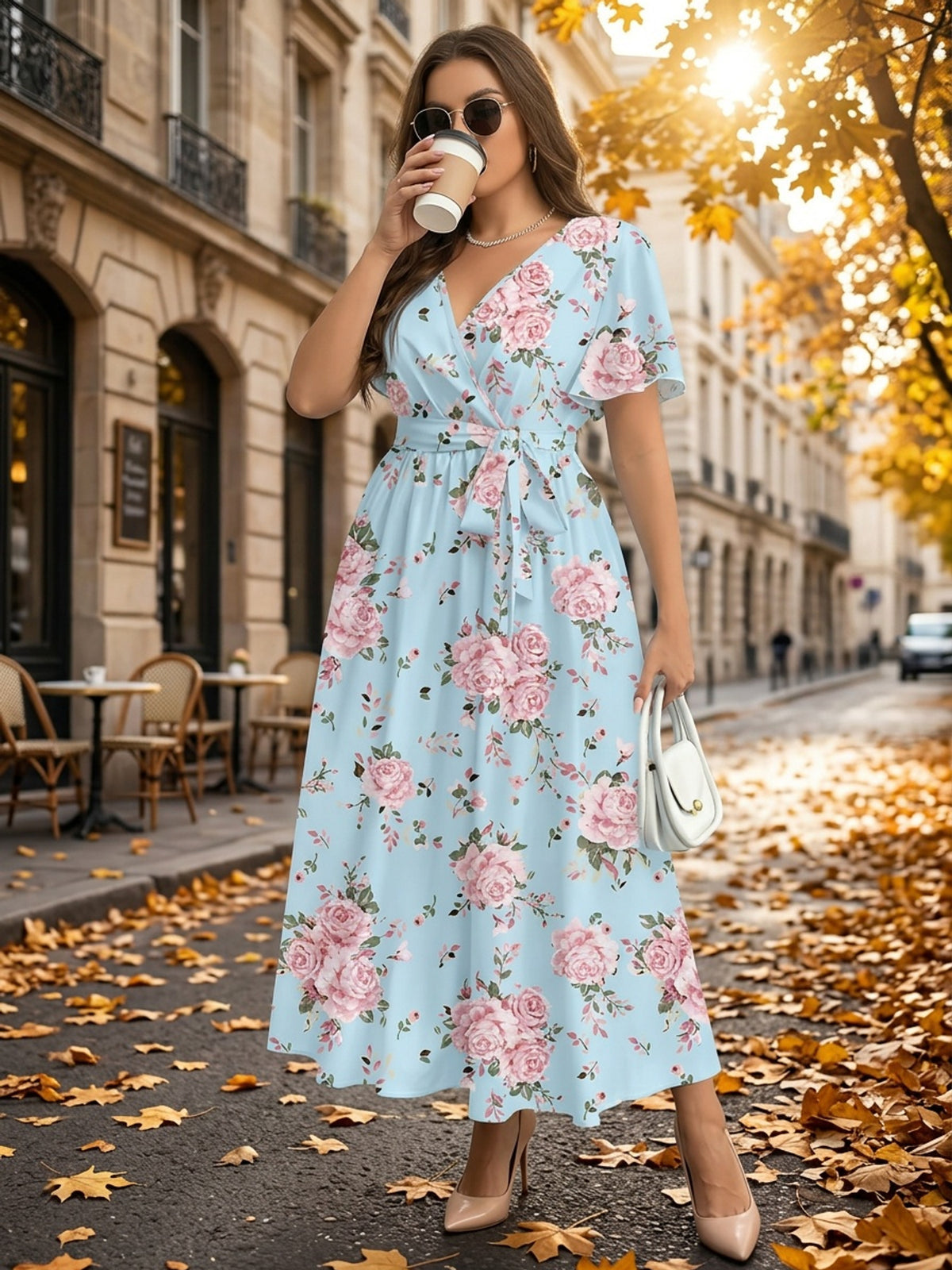 Robe longue grande taille — Portefeuille fleuri bleu ciel