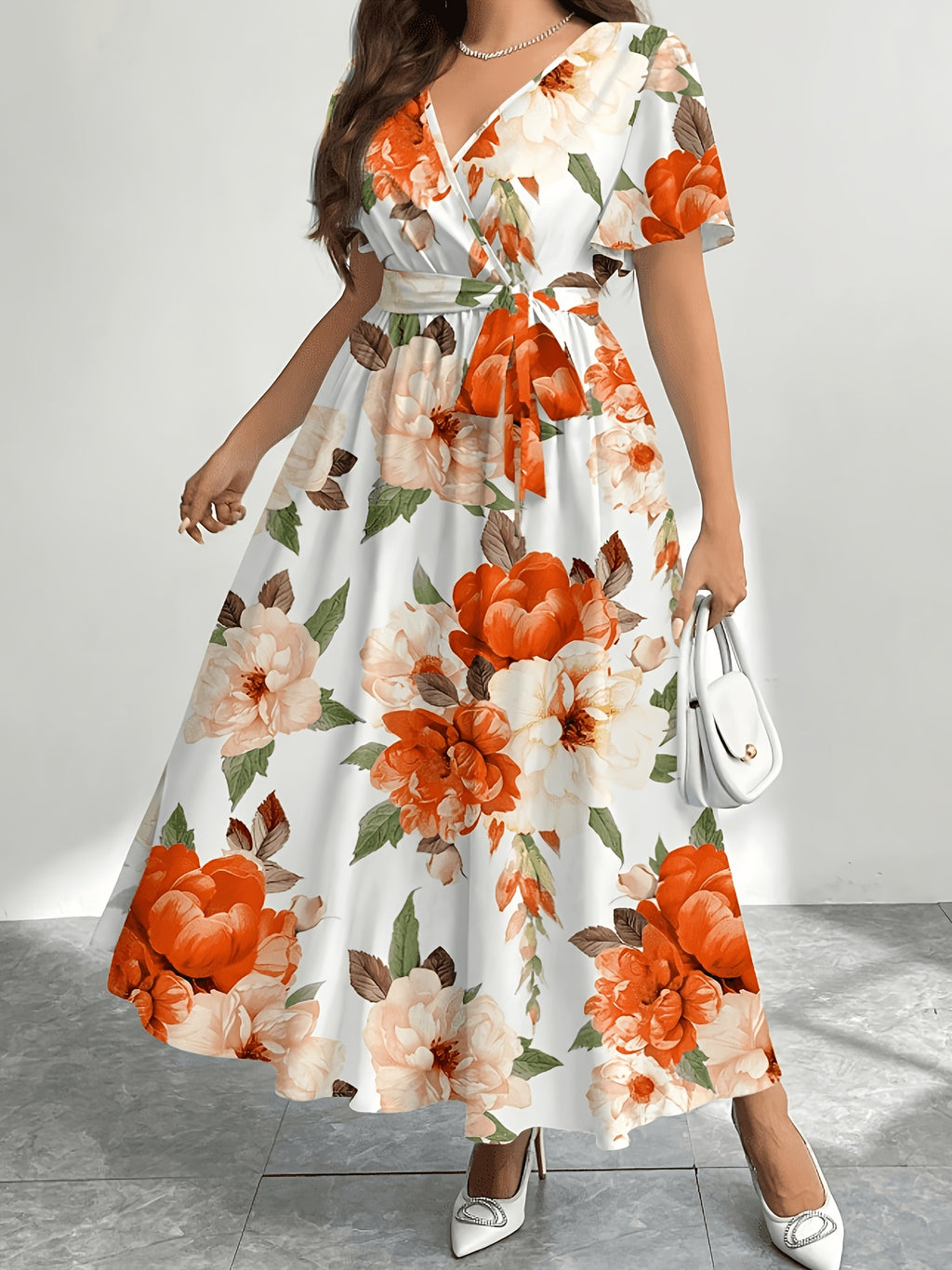 Robe longue grande taille — Portefeuille fleuri bleu ciel