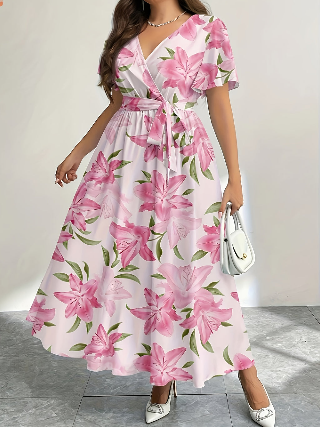 Robe longue grande taille — Portefeuille fleuri bleu ciel