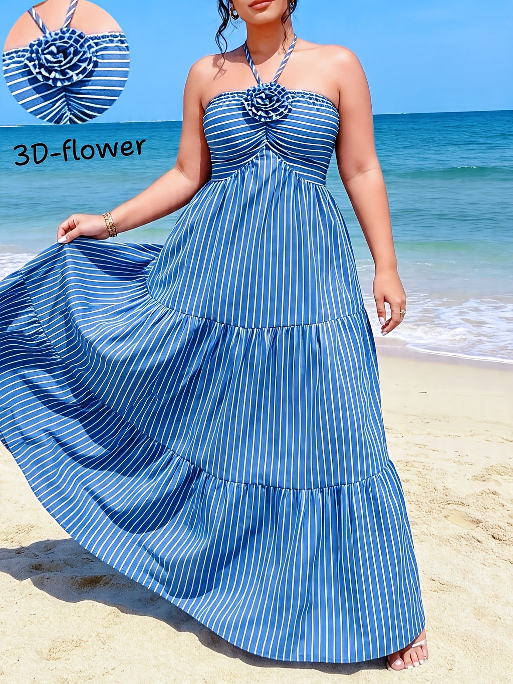 Robe longue grande taille — Rayée bleue, rose de tissu au buste
