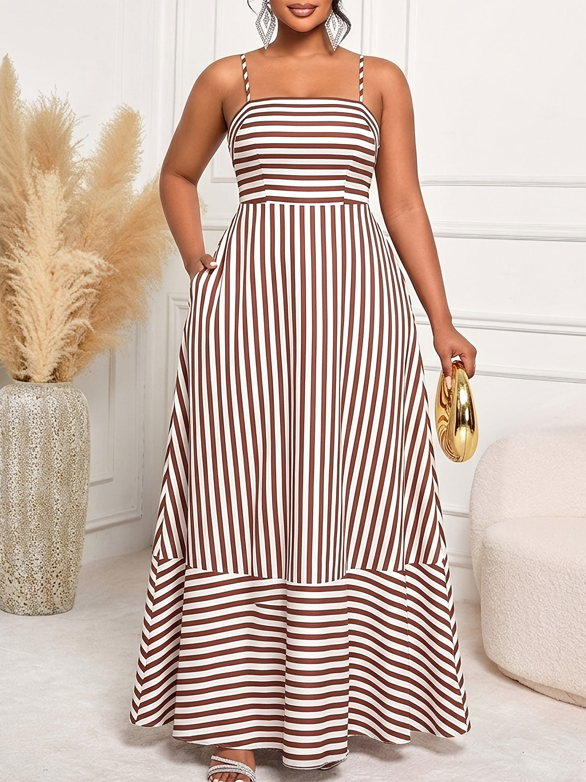 Robe longue grande taille, rayures et poches latérales