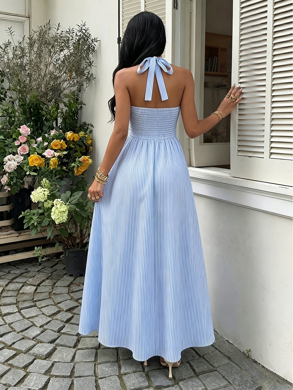 Robe longue grande taille — Rayure bleue et col licou noué
