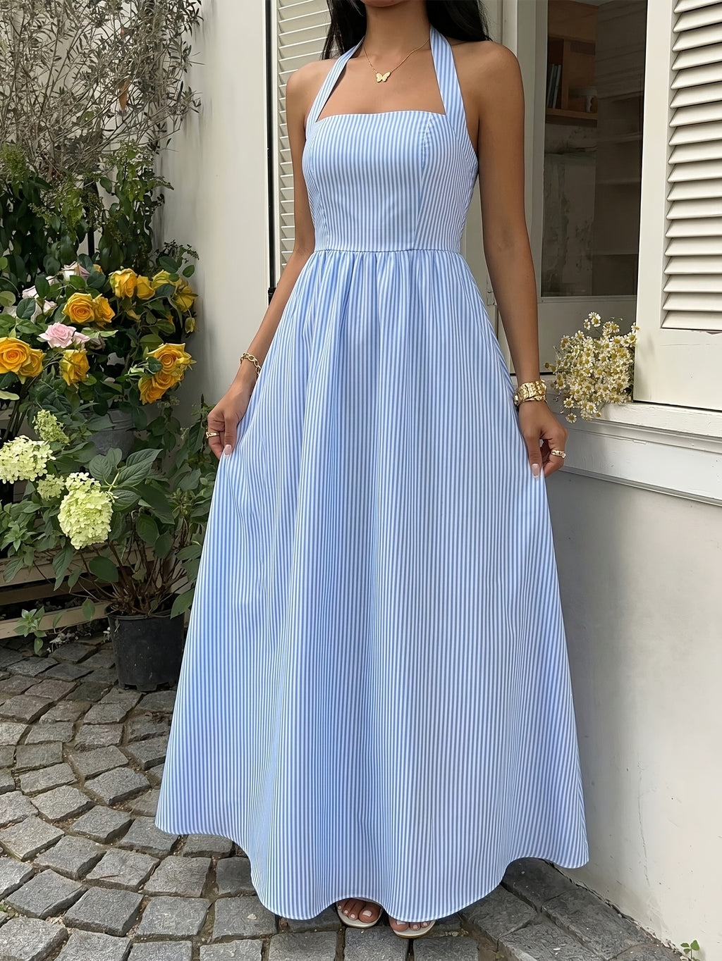 Robe longue grande taille — Rayure bleue et col licou noué