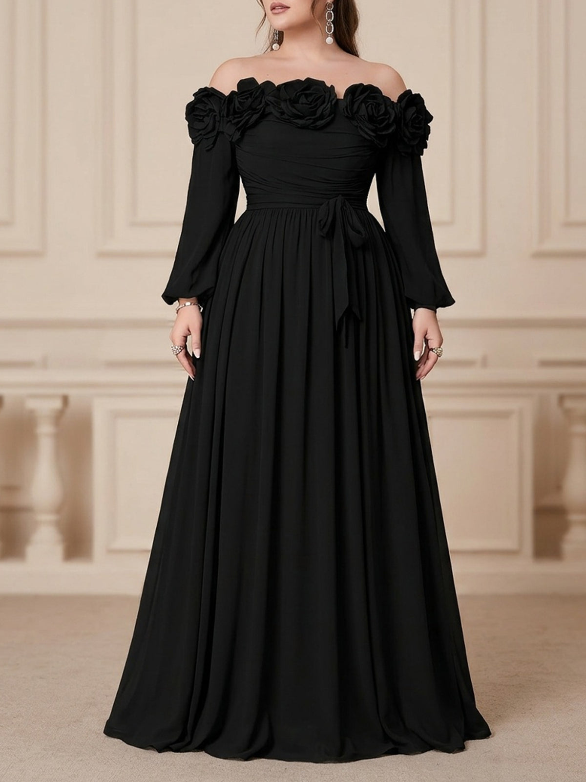 Robe longue grande taille, relief sur le bardot