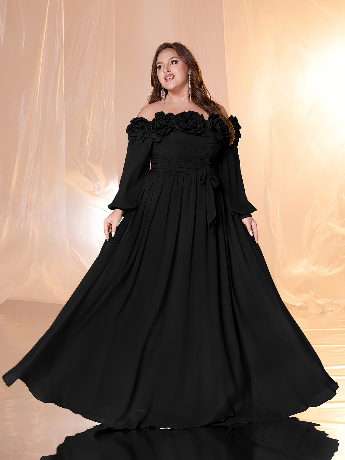 Robe longue grande taille, relief sur le bardot